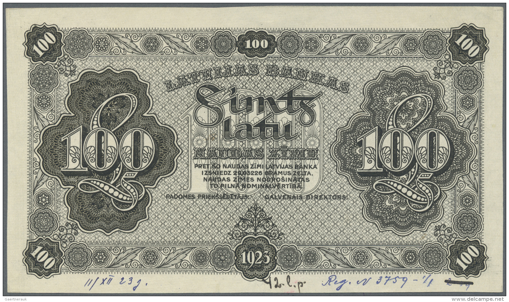 Latvia /Lettland: Rare PROOF Print Of 100 Latu 11-VIII-1923 P. 14p, Uniface Front Proof Print On Unwatermarked Paper, Bl - Lettonie