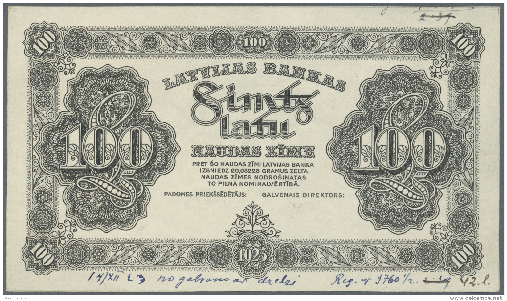 Latvia /Lettland: Rare PROOF Print Of 100 Latu 14-XII-1923 P. 14p, Uniface Front Proof Print On Unwatermarked Paper, Bla - Lettonie