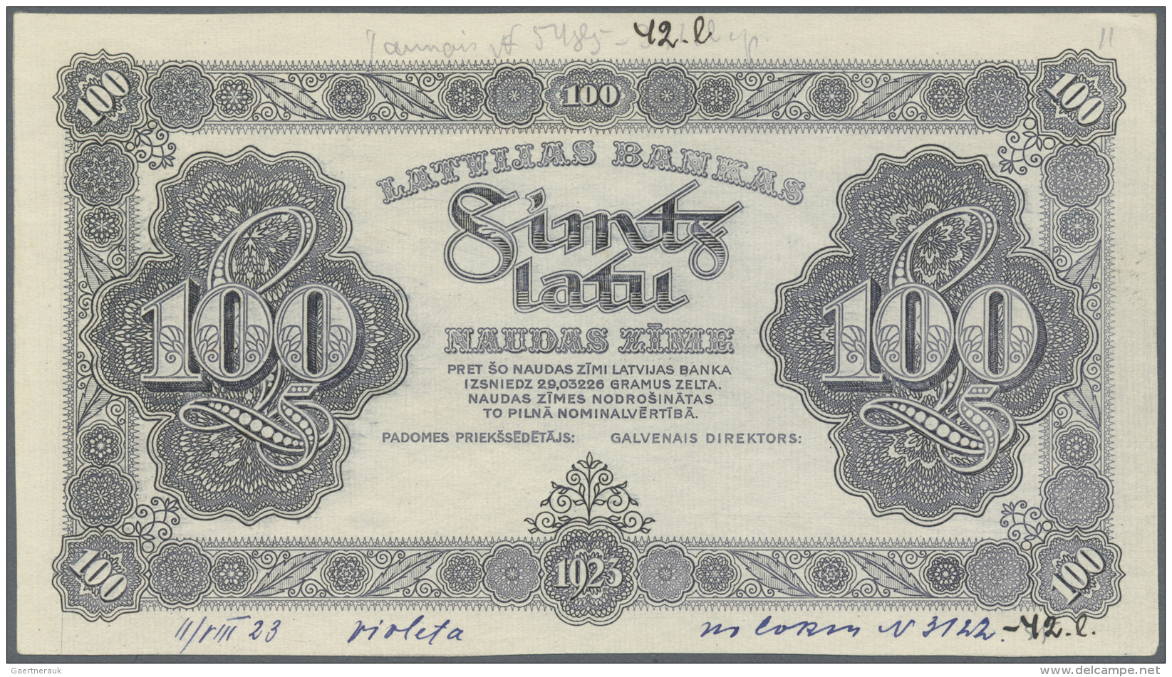 Latvia /Lettland: Rare PROOF Print Of 100 Latu 11-VIII-1923 P. 14p, Uniface Front Proof Print On Unwatermarked Paper, Gr - Lettonie