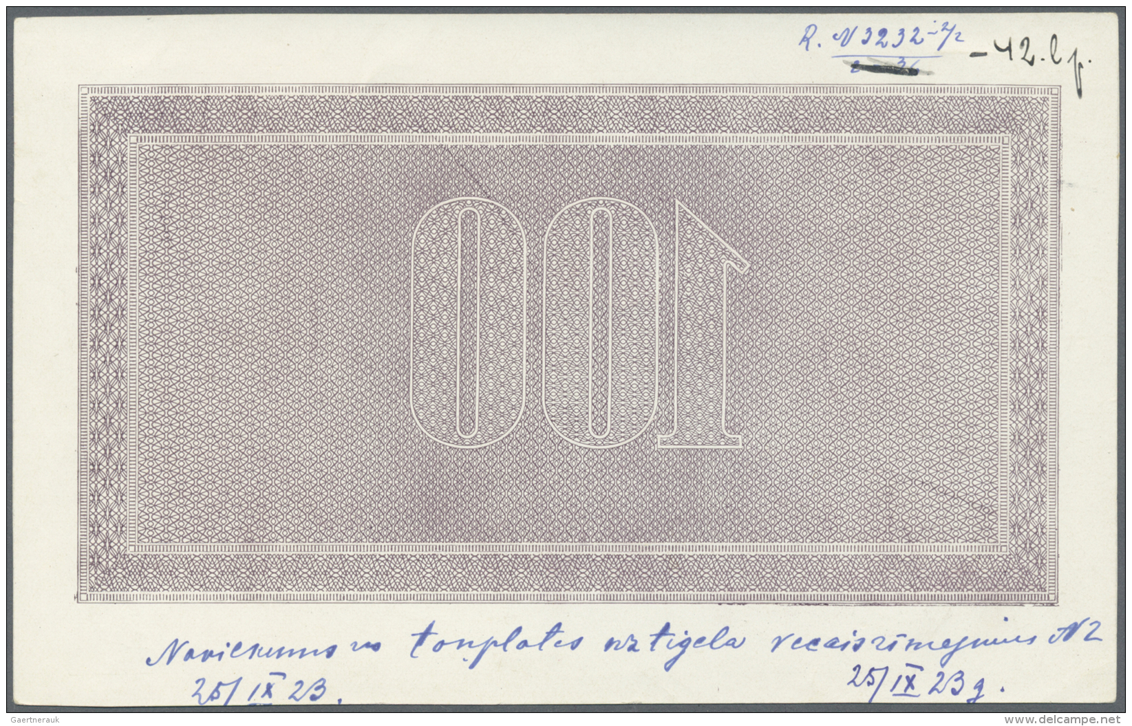 Latvia /Lettland: Rare Mirrored Underprint PROOF From The Security Printers Archive For A 100 Latu 1923 P. 14(p) Note, M - Lettonie