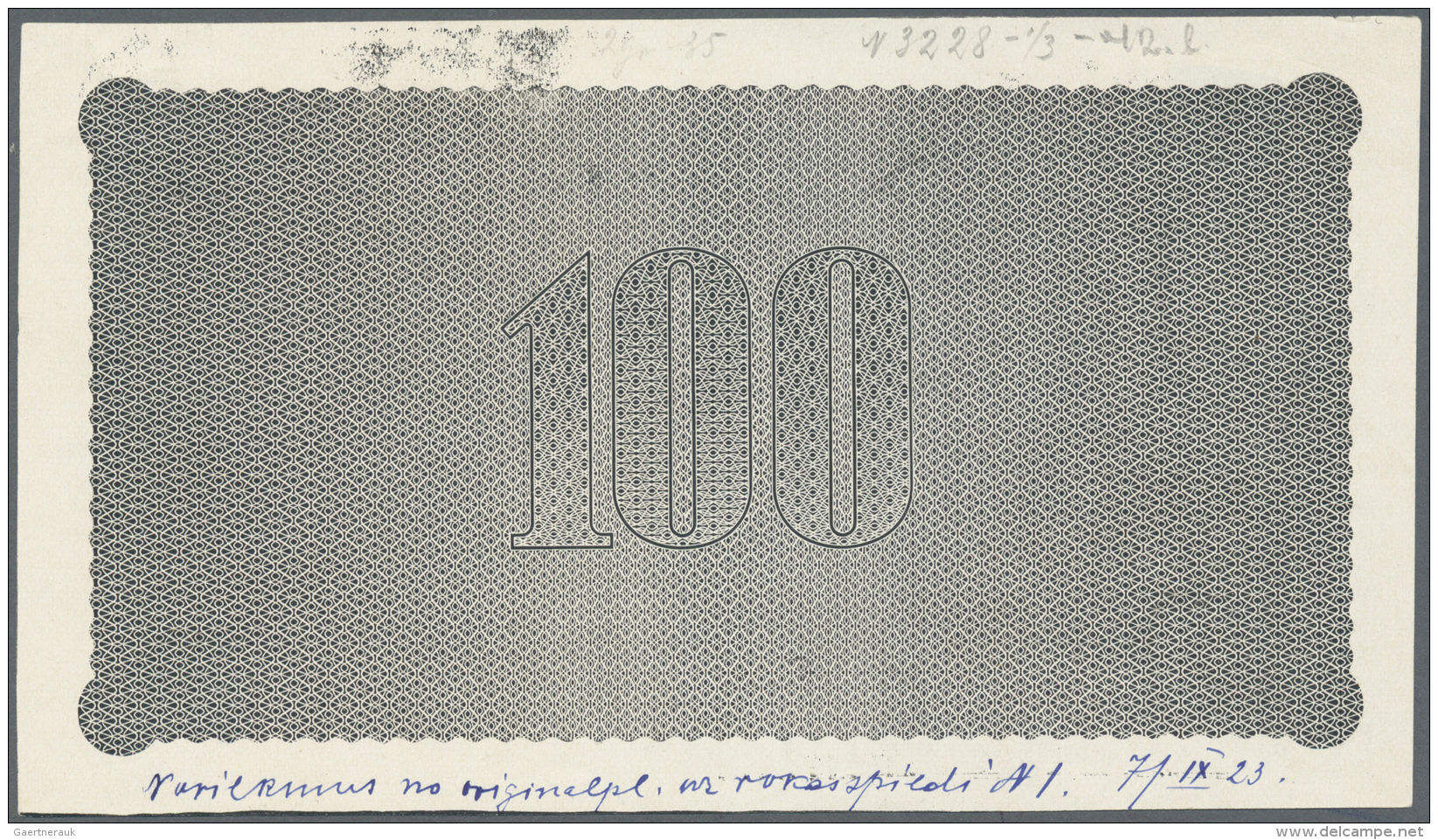 Latvia /Lettland: Rare Underprint PROOF From The Security Printers Archive For A 100 Latu 1923 P. 14(p) Note, Mounting T - Lettonie