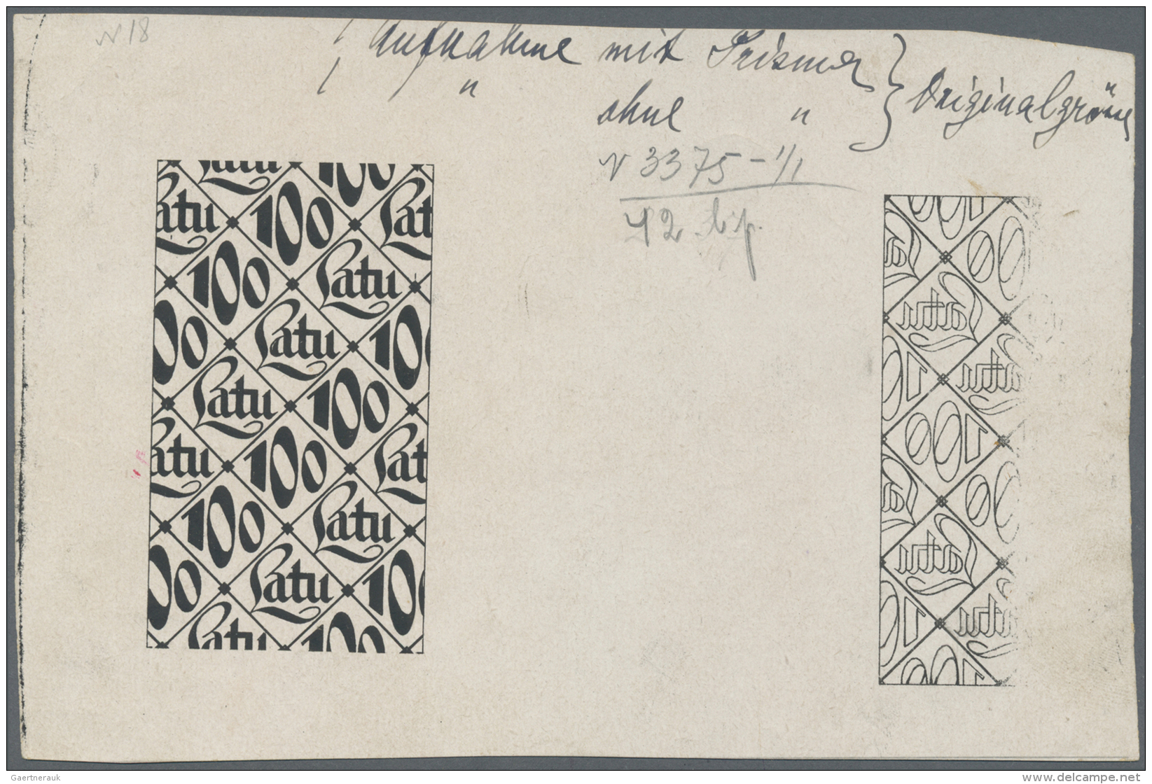 Latvia /Lettland: Rare Underprint PROOF From The Security Printers Archive For A 100 Latu 1922 P. 14(p) Note, Showing 2 - Lettonie