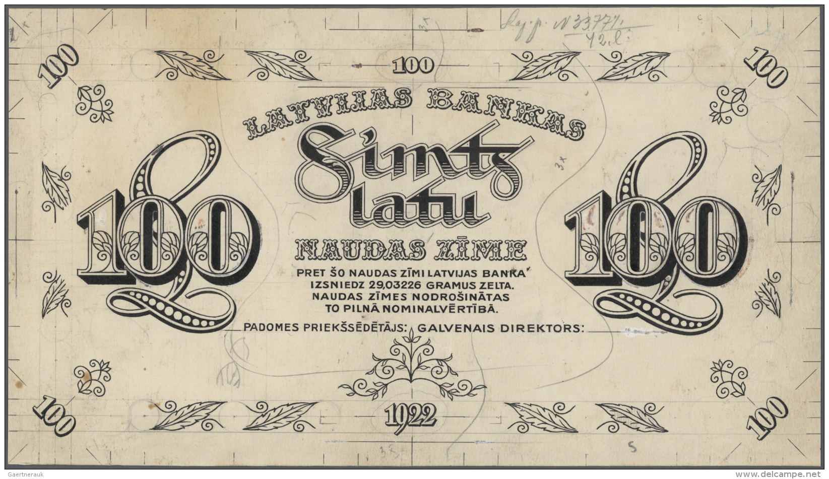 Latvia /Lettland: Rare Uniface Essay Print Of The Front Of 100 Latu 1922 P. 14p In Large Size (312x177 Mm) Showing Parts - Lettonie