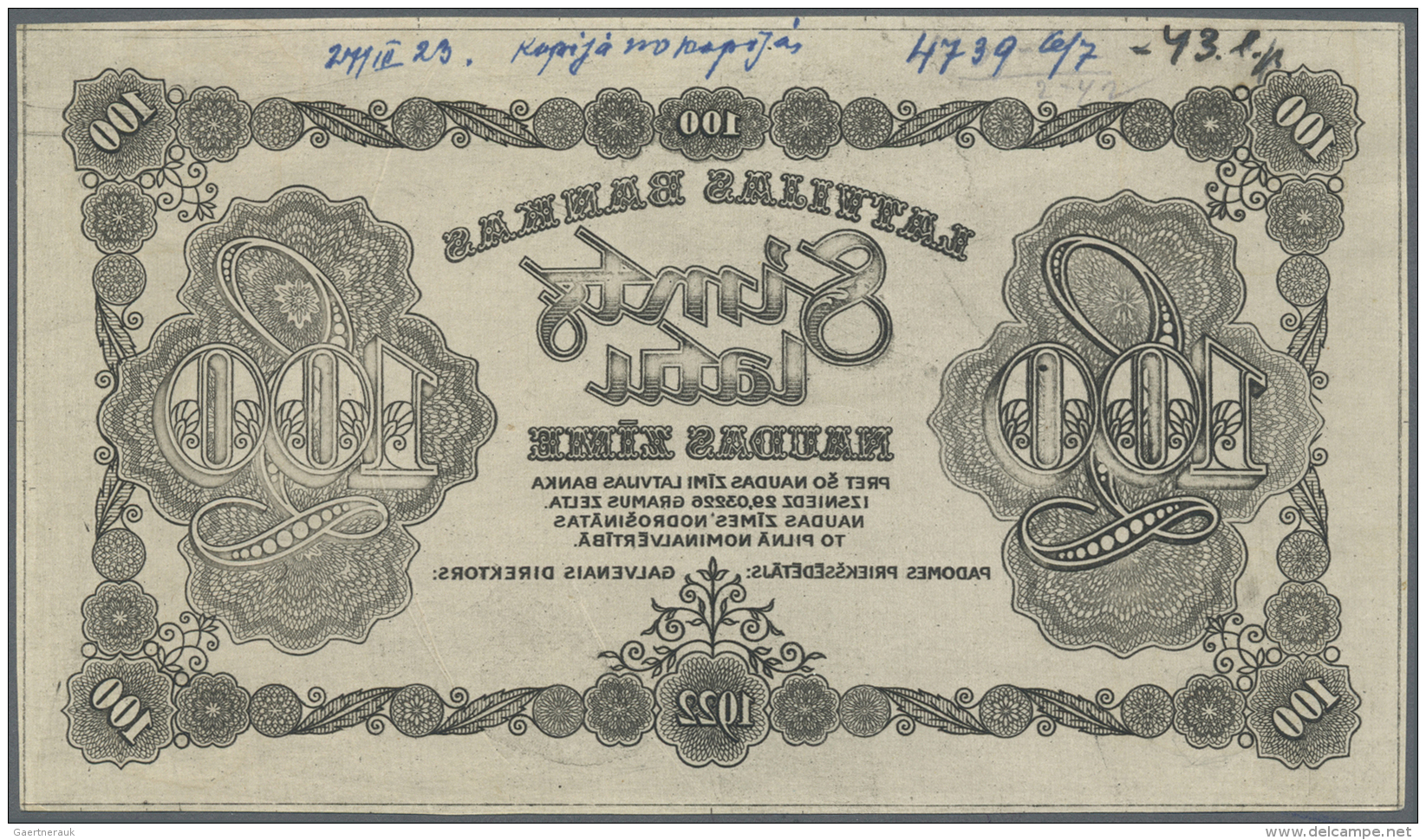 Latvia /Lettland: Rare Proof Print Of 100 Latu 1922 P. 14p, Mirrored Print, Uniface In Black Color On Strong Paper Witho - Lettonie