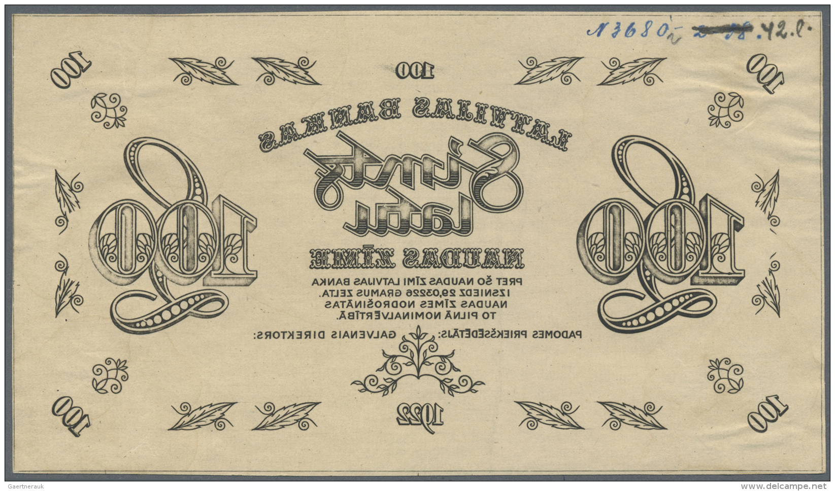 Latvia /Lettland: Rare Proof Print Of 100 Latu 1922 P. 14p, Mirrored Print, Uniface In Black Color On Strong Paper Witho - Lettonie