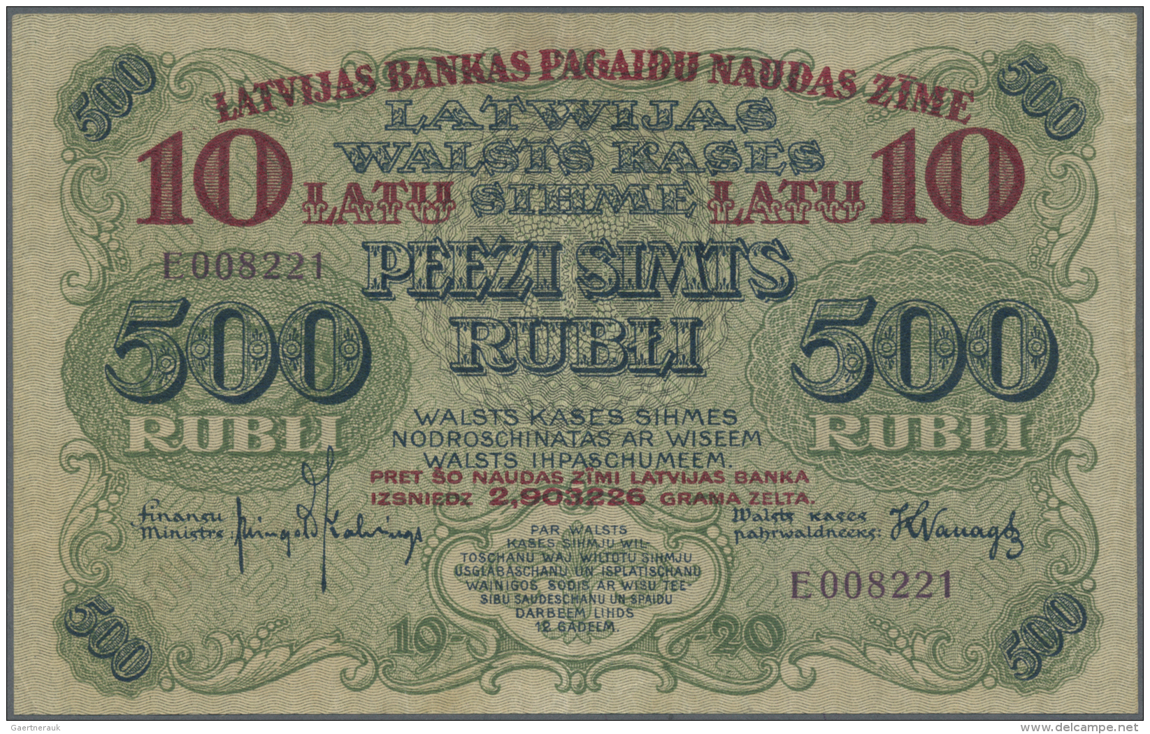 Latvia /Lettland: 10 Latu On 500 Rubli 1920 P. 13, Series "E", Sign. Kalnings, Light Center Fold, Creases At Borders And - Lettonia