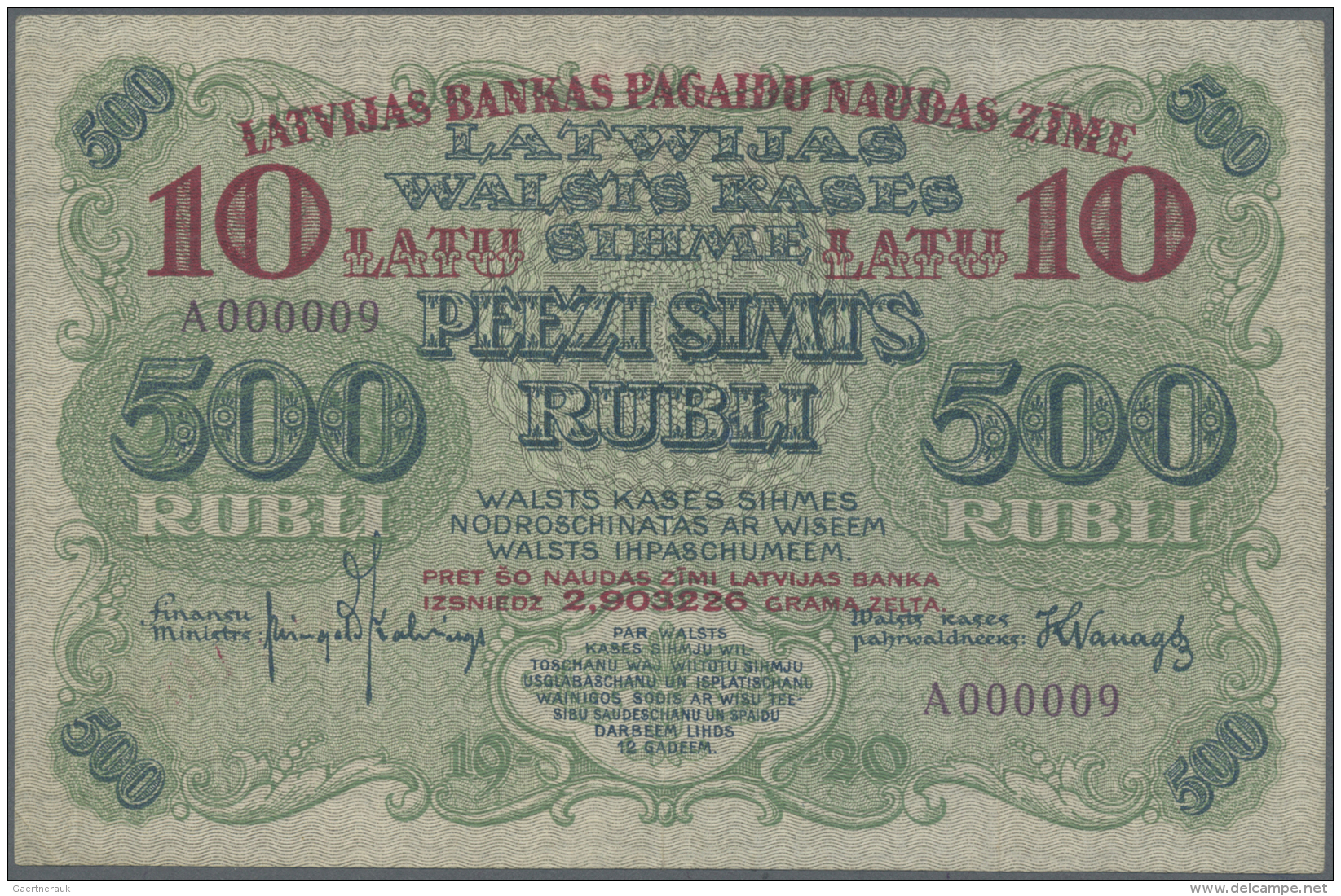 Latvia /Lettland: 10 Latu On 500 Rubli 1920 P. 13, Highly Rare With Very Low Serial #A000009, 9th Ever Printed Note Of T - Lettonia