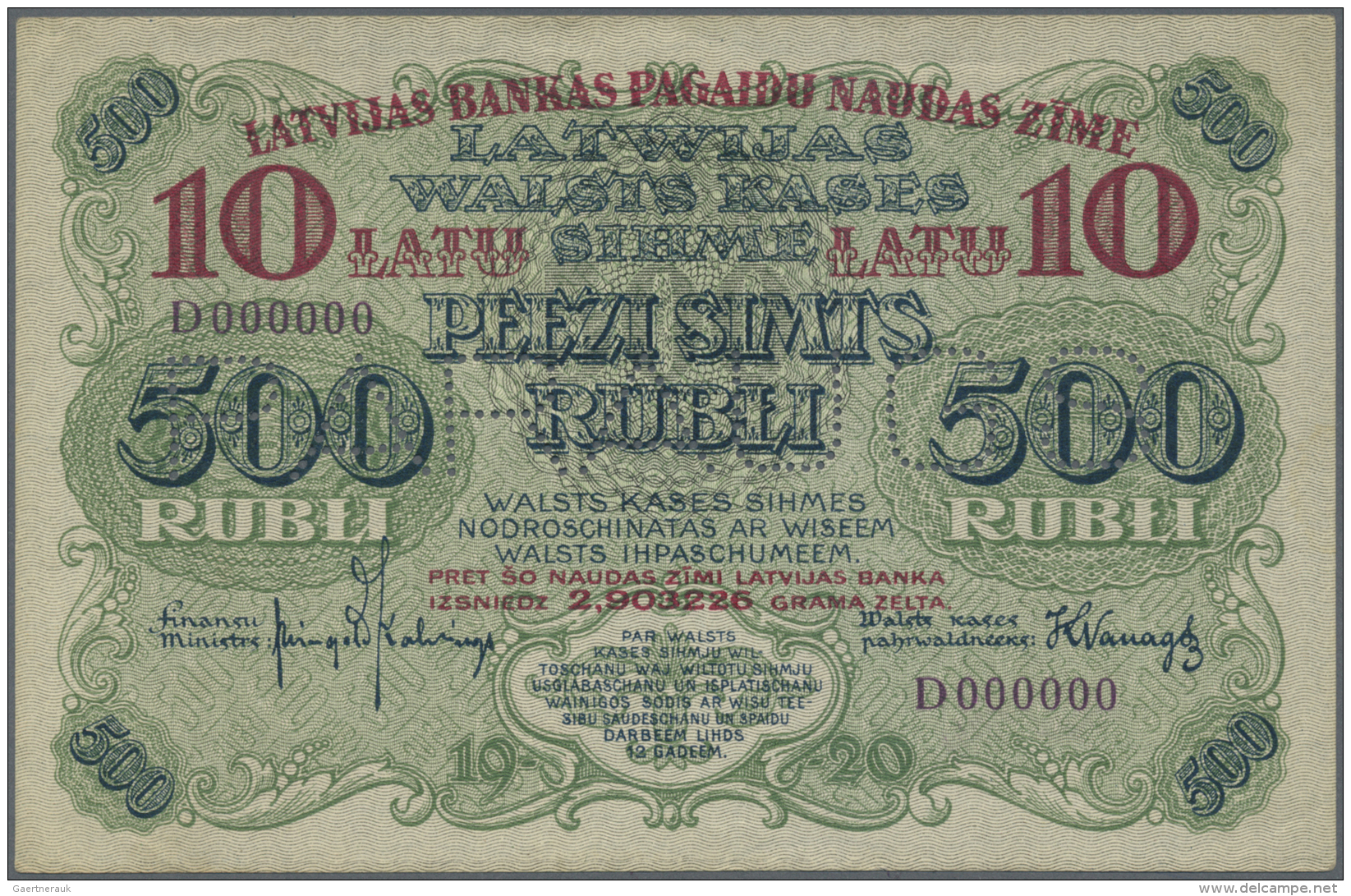 Latvia /Lettland: Rare SPECIMEN / Proof Print Of 10 Latu On 500 Rubli 1920 P. 13s/p Series "D", Uniface Print Of The Fro - Lettonia