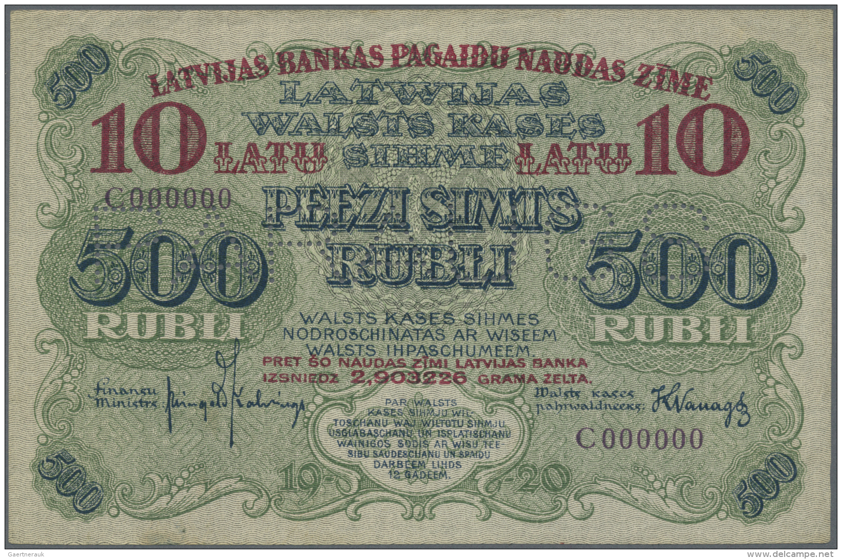 Latvia /Lettland: Rare SPECIMEN / Proof Print Of 10 Latu On 500 Rubli 1920 P. 13s/p Series "C", Uniface Print Of The Fro - Lettonie