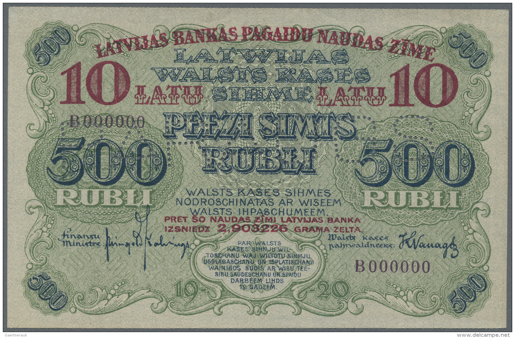 Latvia /Lettland: Rare SPECIMEN / Proof Print Of 10 Latu On 500 Rubli 1920 P. 13s/p Series "B", Front And Back Seperatly - Lettonie