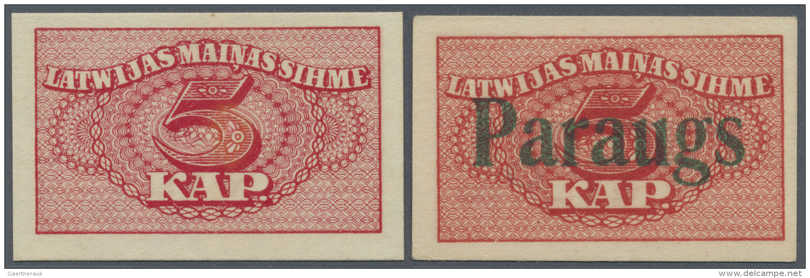 Latvia /Lettland: Set Of 2 Notes 5 Kap. 1920 As SPECIMEN And Regular Issue, P. 9s And P. 9, The Specimen Overprinted "PA - Lettonie