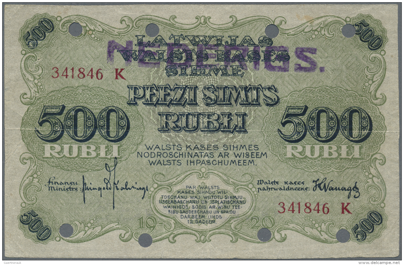 Latvia /Lettland: Rare Contemporary Forgery Of 500 Rubli 1920 P. 8c(f), Series "K", Cancelled By The Bank Officials, Sta - Lettonie