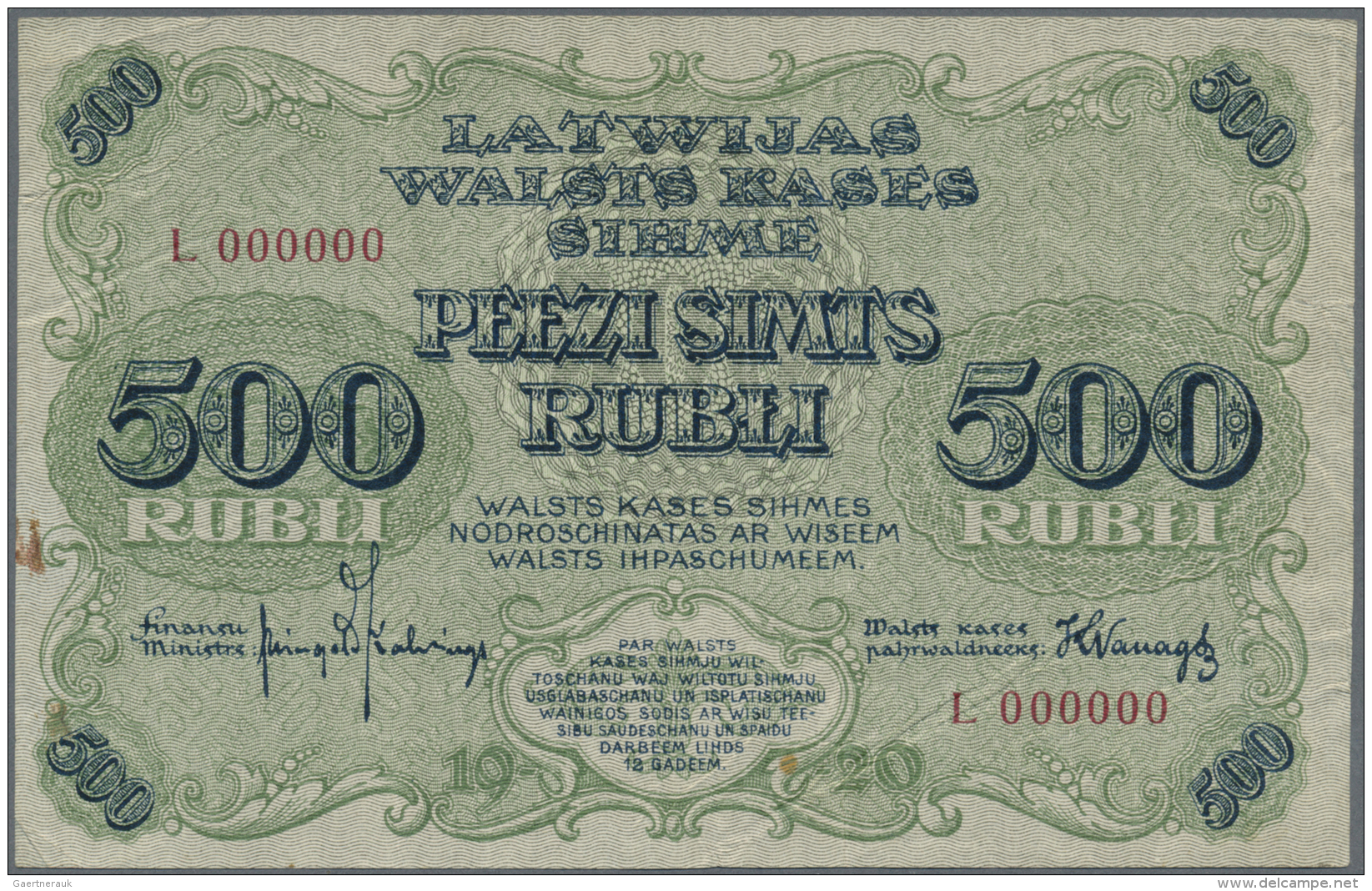 Latvia /Lettland: Rare SPECIMEN Proof Of 500 Rubli 1920 P. 8cs, Uniface Print Of The Front, Zero Serial Numbers, Serial - Lettonie