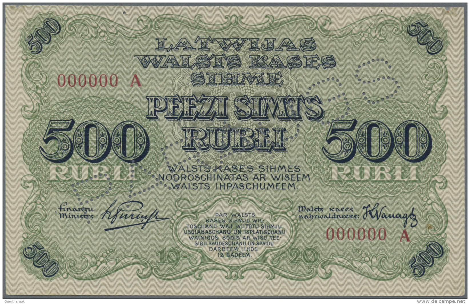 Latvia /Lettland: Rare SPECIMEN Of 500 Rubli 1920 P. 8as. Zero Serial Numbers, Serial Letter "A", PARAGUS Perforation At - Lettonie