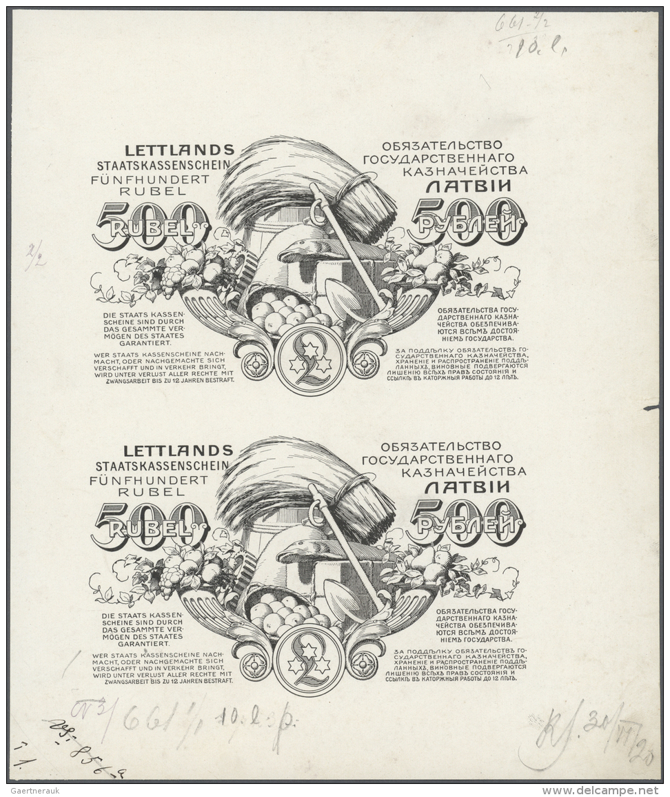 Latvia /Lettland: Unique Uncut Piece Of 2 Uniface Back Proofs On Unwatermarked Paper In Black Color, 184x217 Mm For 500 - Lettonie