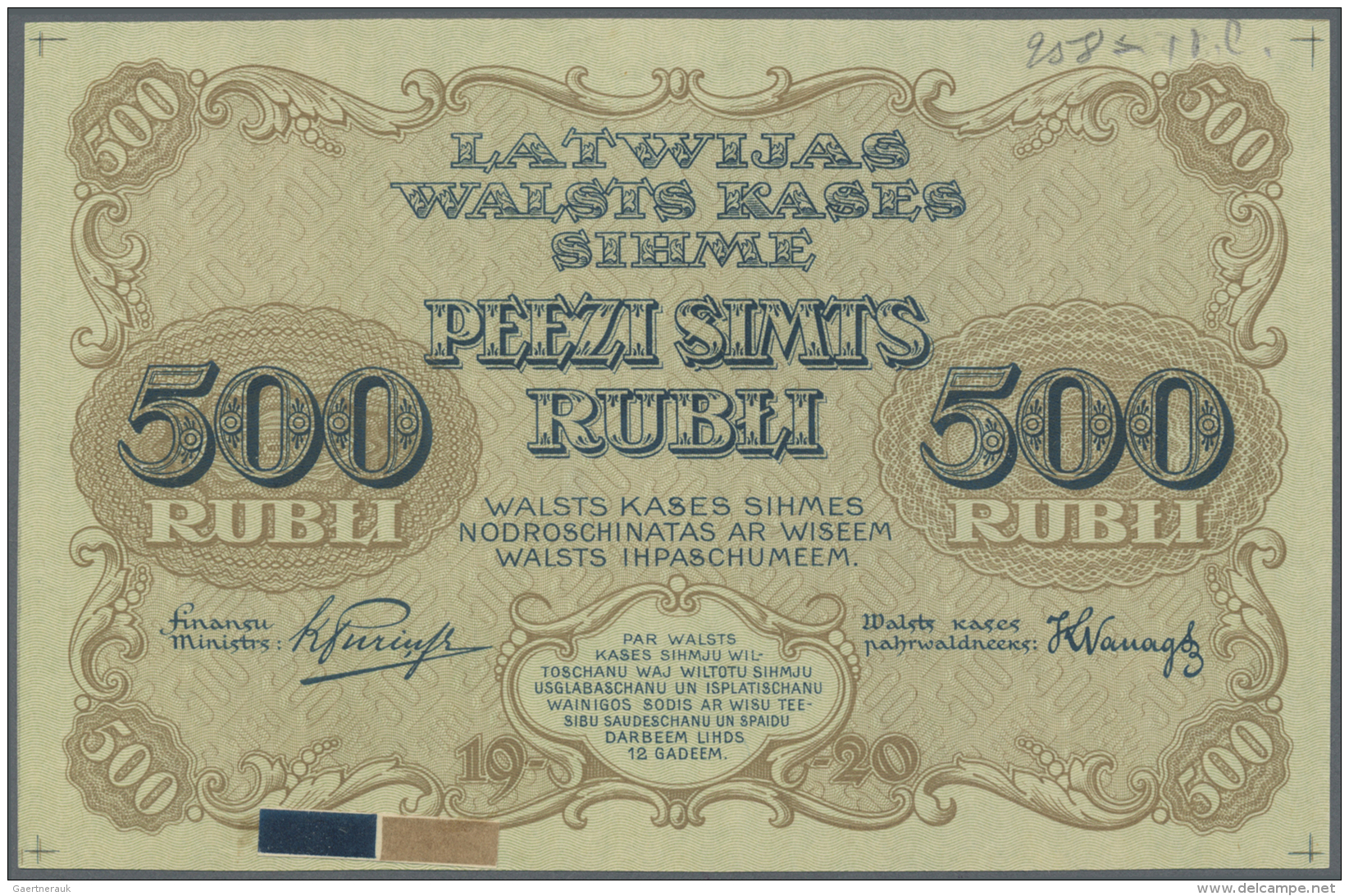 Latvia /Lettland: Rare PROOF Print Of 500 Rubli 1920 P. 8p, W/o Serial, Sign. Purins, Uniface Front Proof In Dark-blue/b - Lettonie