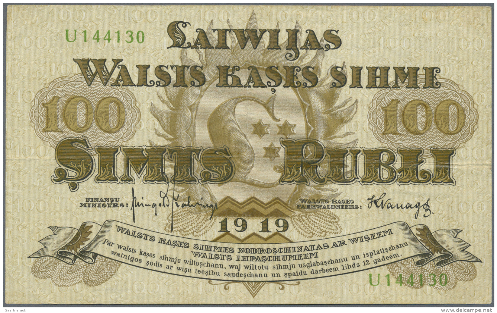 Latvia /Lettland: 100 Rubli 1919 P. 7f, Series "U", Sign. Kalnings, No Watermark In Paper, Relatively Low Serial Number - Lettonie