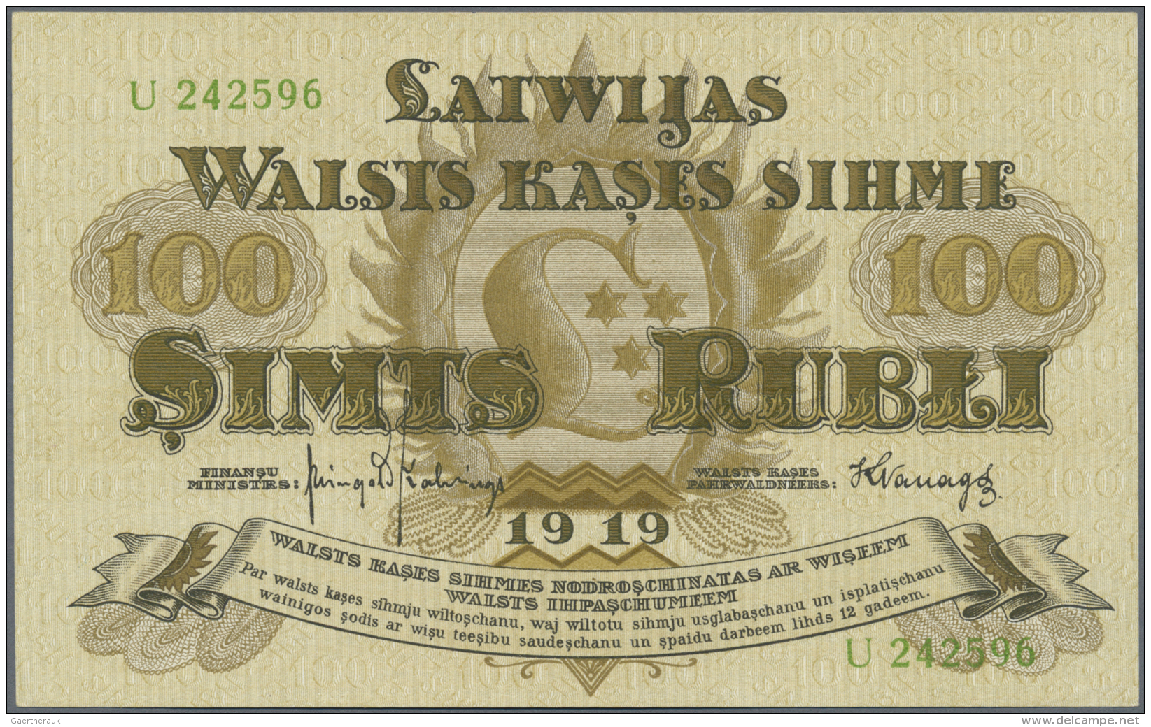 Latvia /Lettland: 100 Rubli 1919 P. 7e, Series "U", Sign. Kalnings, Light Dints At Left And Right Border, Condition: AUN - Lettonie