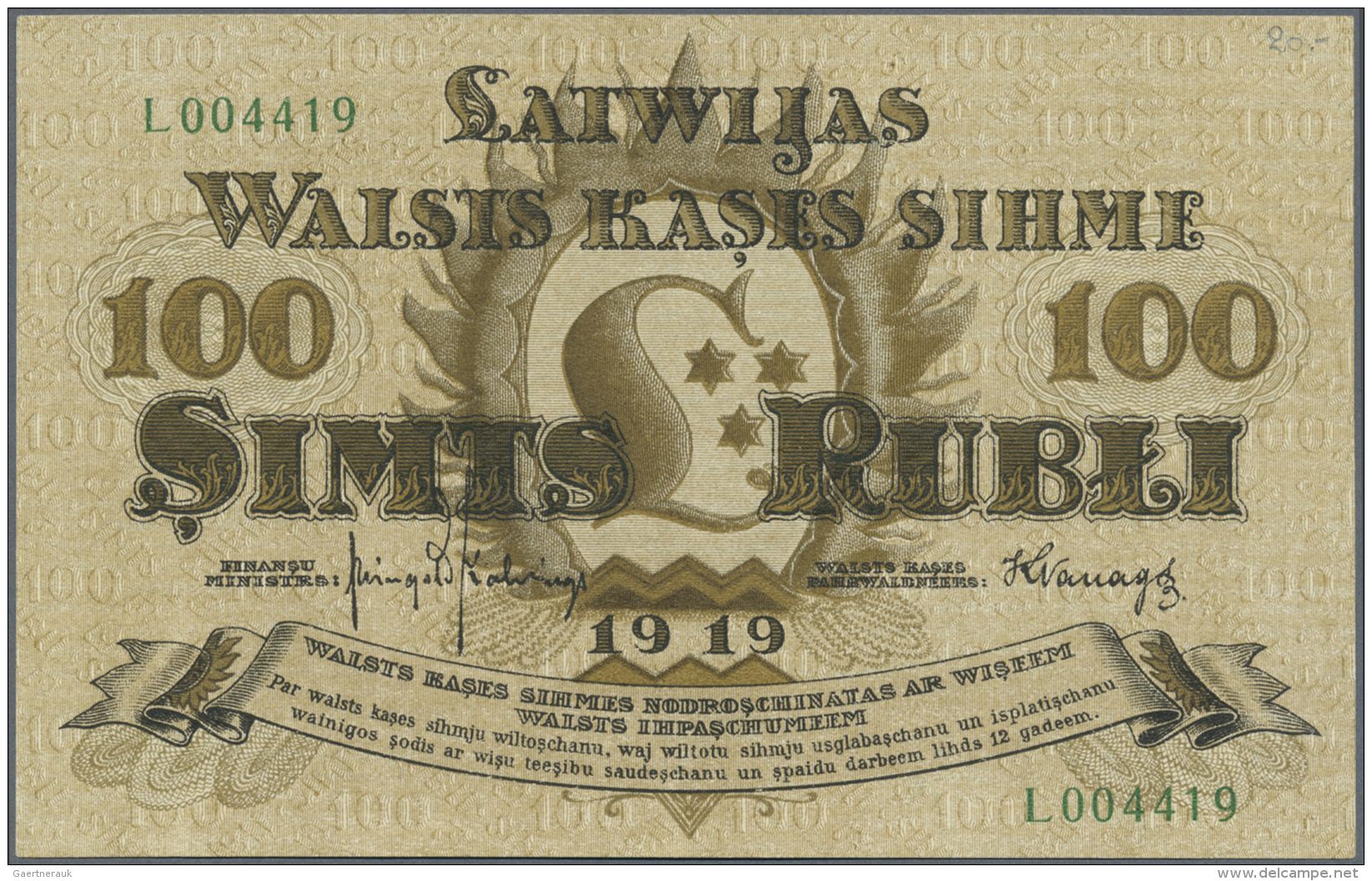 Latvia /Lettland: 100 Rubli 1919 P. 7e, Series "L", Sign. Kalnings, Light Center Bend, Light Corner Bend At Upper Right, - Lettonie