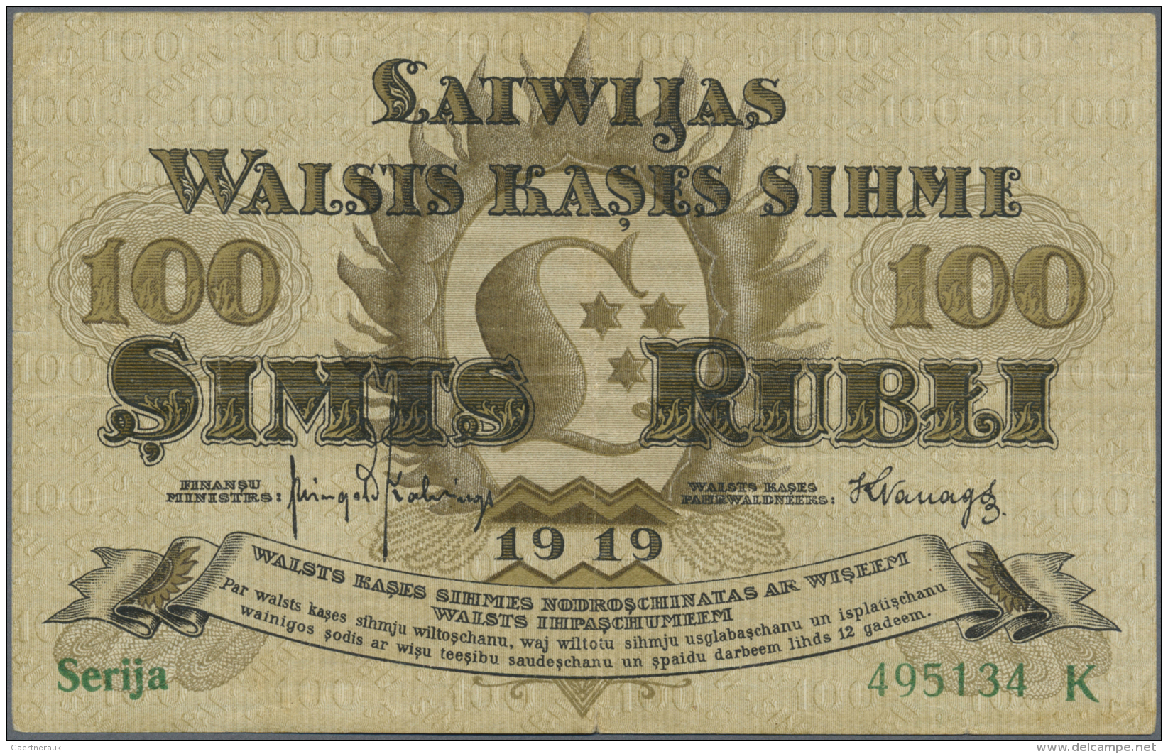 Latvia /Lettland: 100 Rubli 1919 P. 7d, Series "K", Sign. Kalnings, Rare Because Kalnings Was Installed As Minister Of F - Lettonie