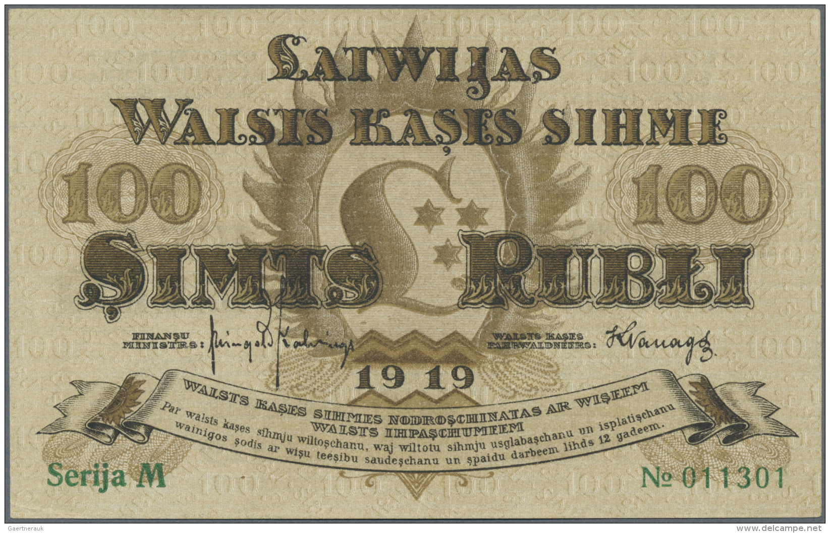 Latvia /Lettland: 100 Rubli 1919 P. 7c, Series "M", Sign. Kalnings, Light Dints At Left And Right Border, Unfolded, Cris - Lettonie