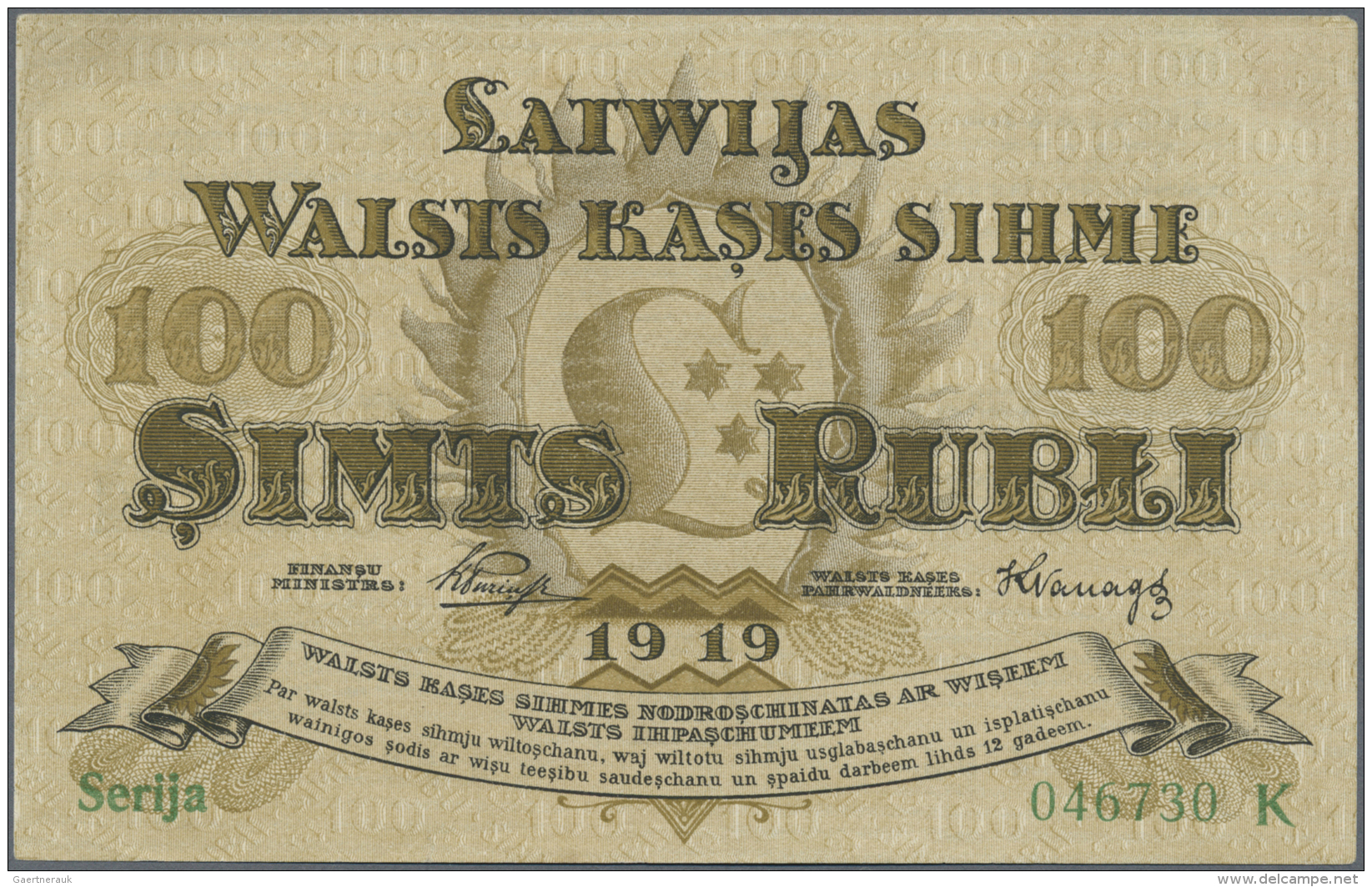 Latvia /Lettland: 100 Rubli 1919 P. 7b, Series "K", Sign. Purins, Light Dints At Left Border, Condition: AUNC. - Lettonie