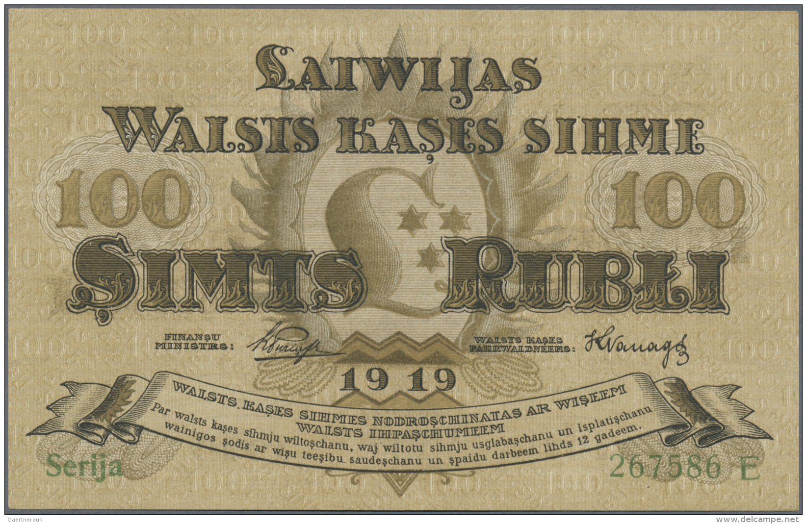 Latvia /Lettland: 100 Rubli 1919 P. 7b, Series "E", Sign. Purins, Crisp Original Paper, Condition: UNC. - Lettonie