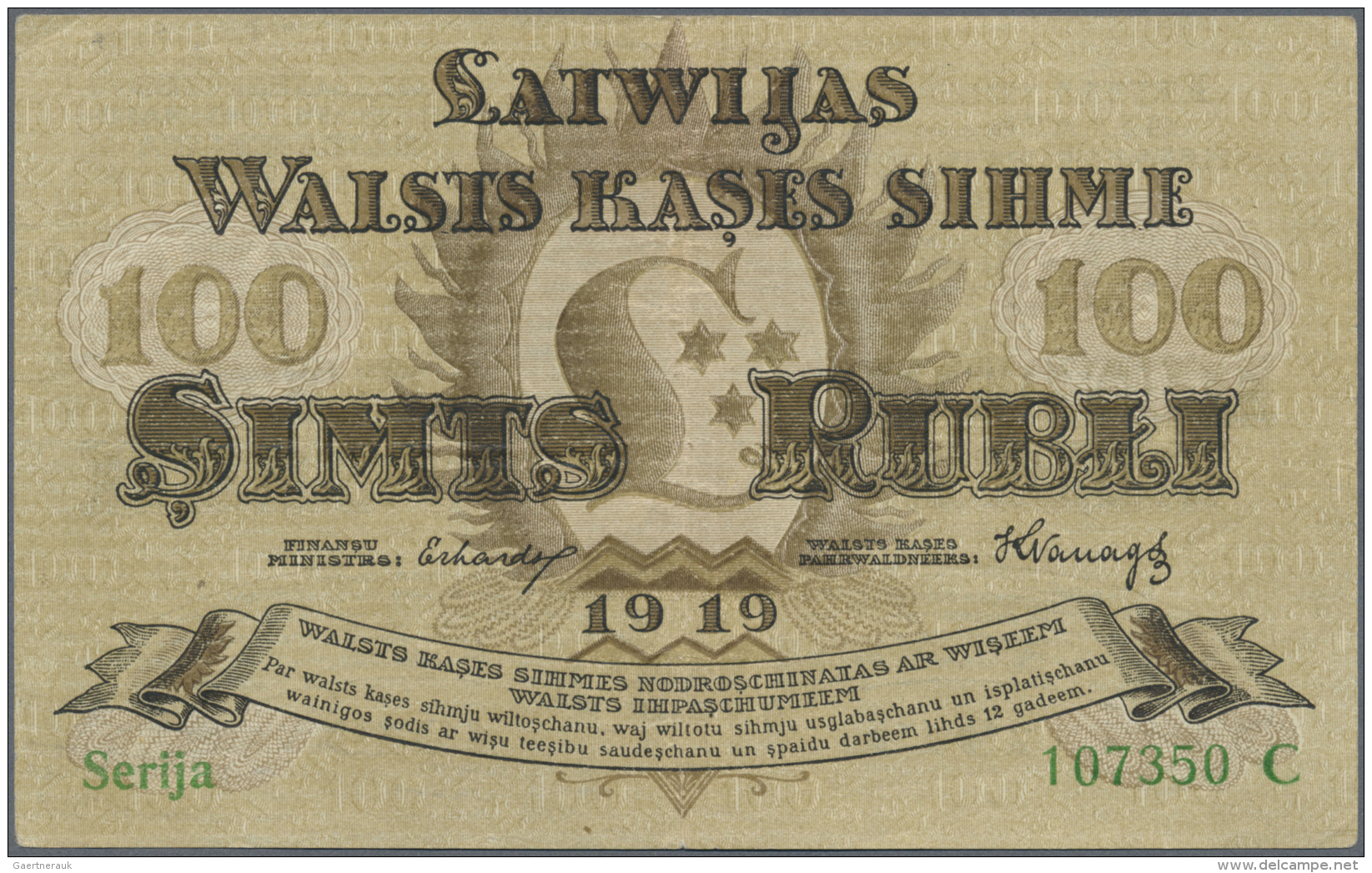 Latvia /Lettland: 100 Rubli 1919 P. 7a, Series "C", Sign. Erhards, Center Fold And Creases In Paper, No Holes Or Tears, - Lettonia