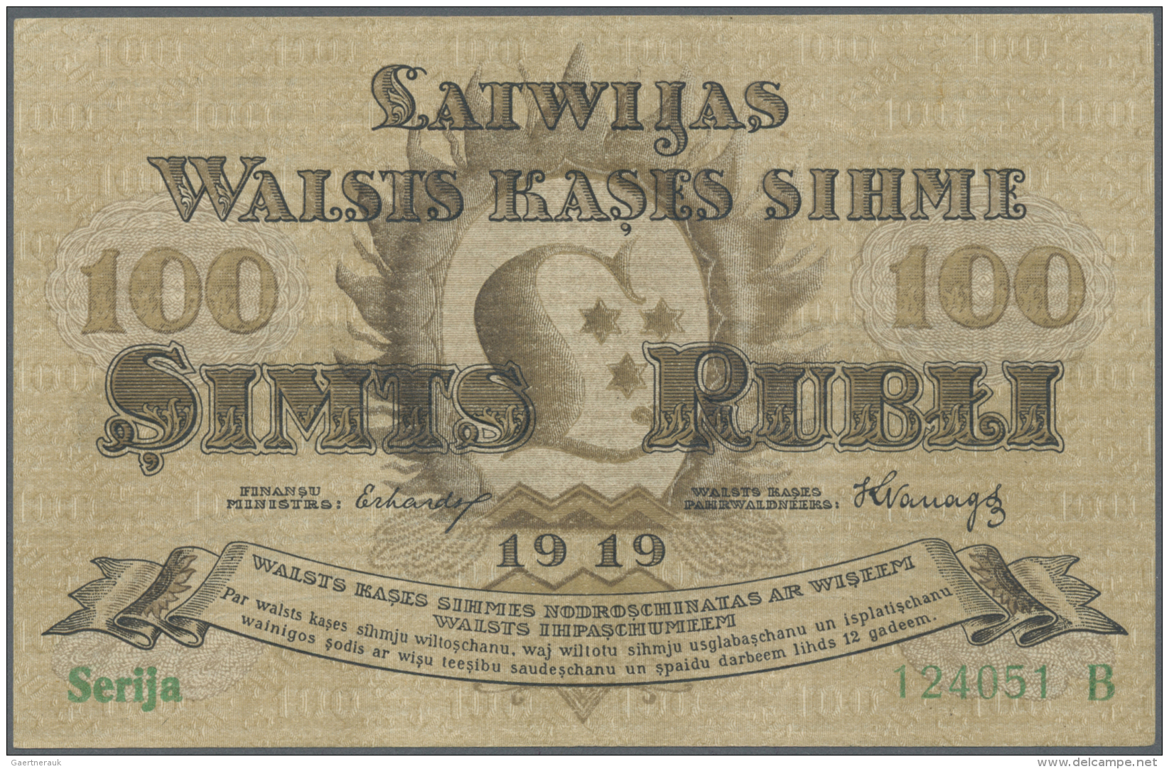 Latvia /Lettland: 100 Rublis 1919 P. 7a, Series "B", Sign. Erhards, Light Center Fold And Corner Bends, Strong Crisp Pap - Lettonie