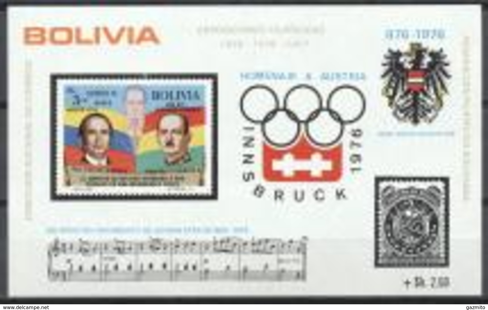 Bolivia 1975, Winter Olympic Games In Innsbruck, Stamp On Stamp, National Song, BF - Winter 1976: Innsbruck