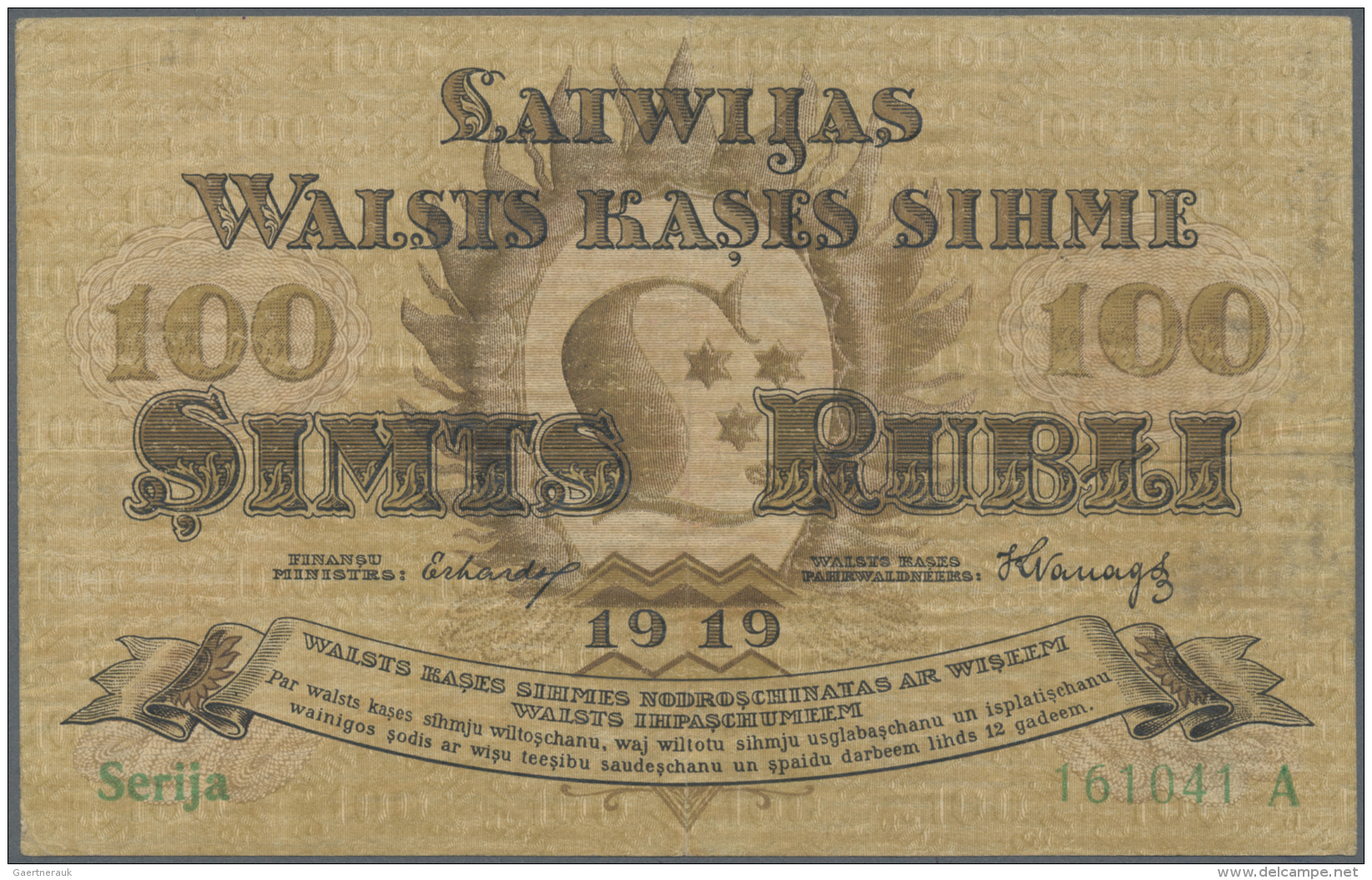 Latvia /Lettland: 100 Rubli 1919 P. 7a, Series "A", Sign. Erhards, Center Fold And Light Handling In Paper, Paper Still - Lettonie