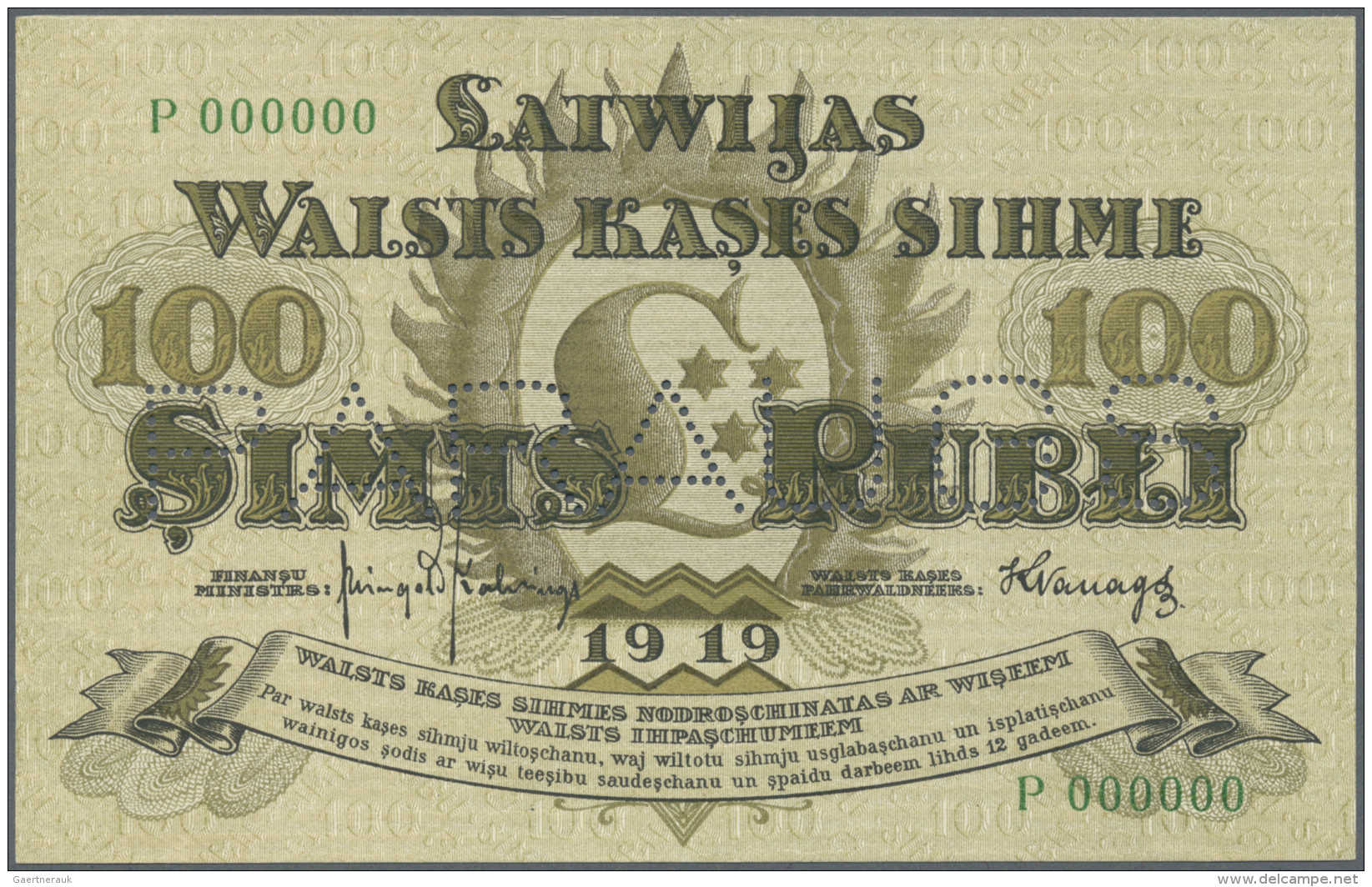 Latvia /Lettland: 100 Rubli 1919 Specimen P. 7fs, Series "P", Zero Serial Numbers, Front And Back Printed Seperatly On B - Lettonia