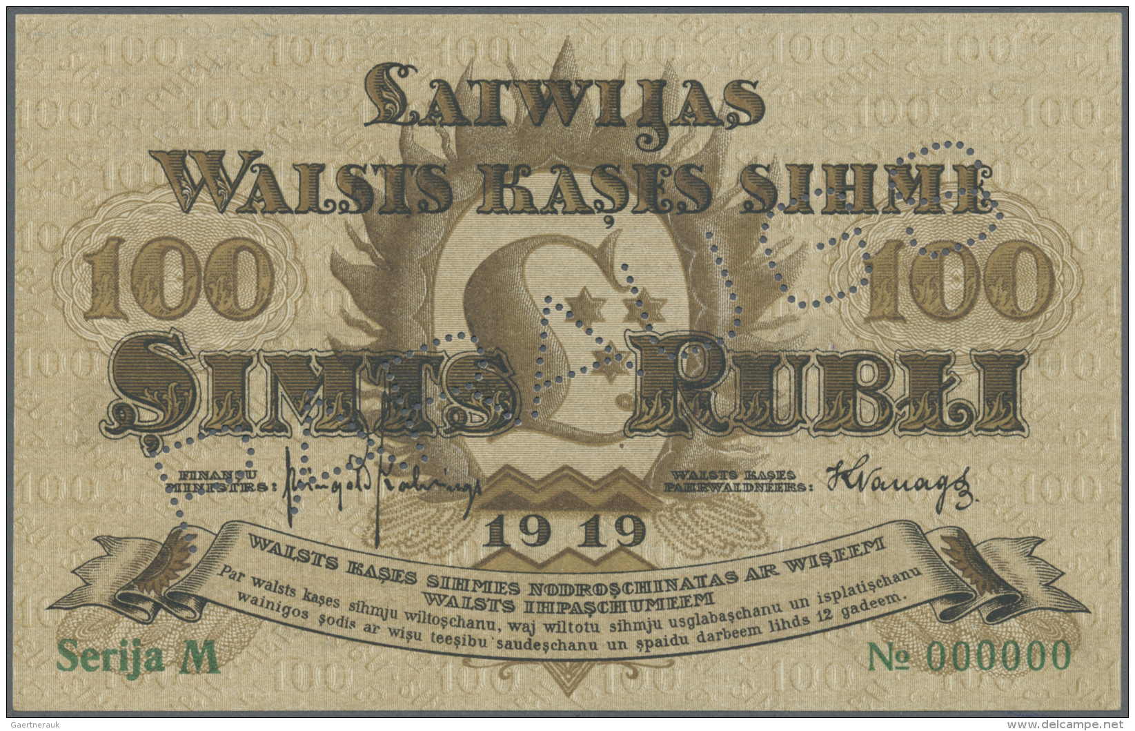 Latvia /Lettland: 100 Rubli 1919 Specimen P. 7es, Series "M", Zero Serial Numbers, Sign. Kalnings, PARAUGS Perforation, - Lettonie