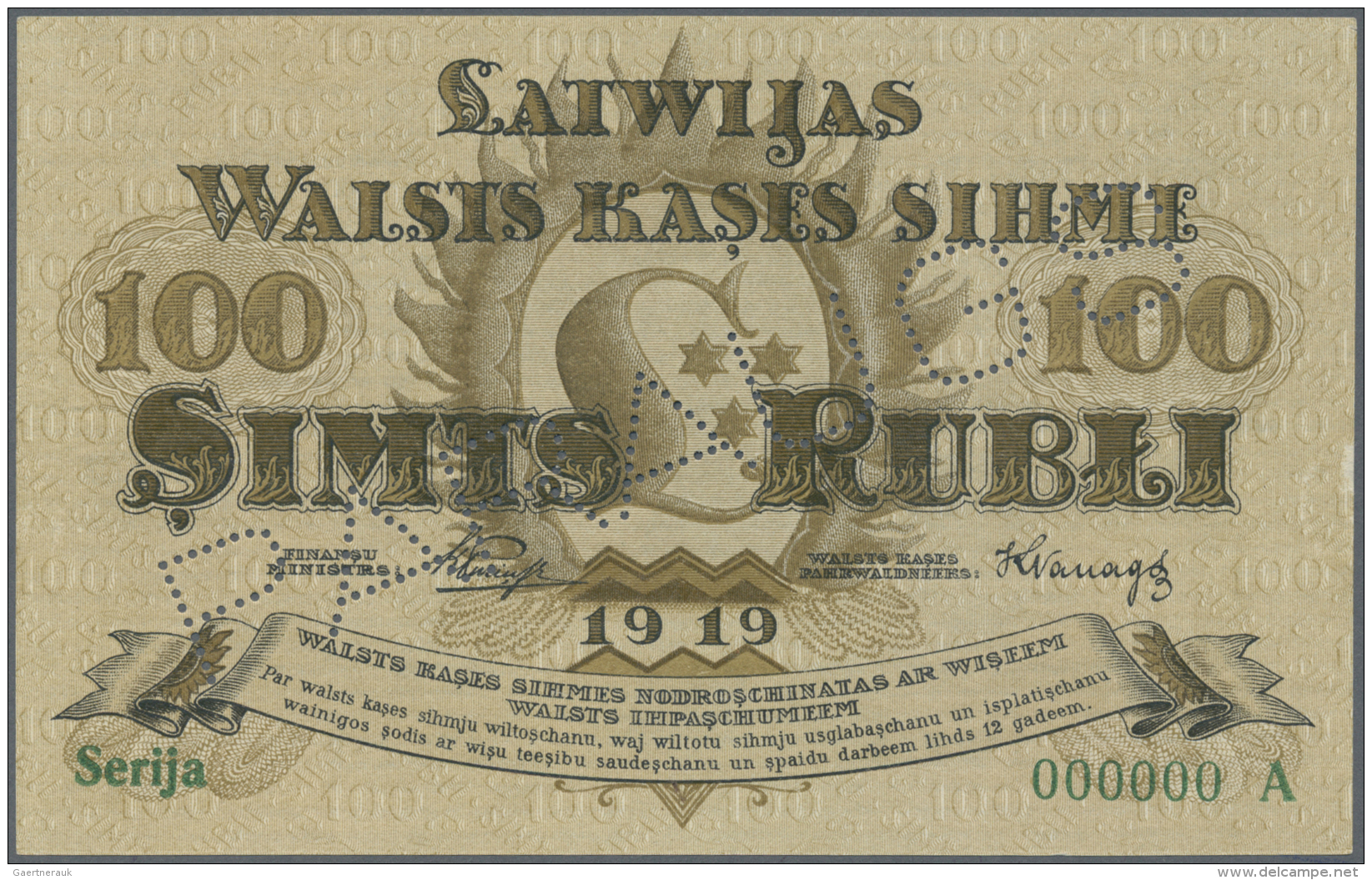 Latvia /Lettland: Rare SPECIMEN Note Of 100 Rubli 1919 P. 7a-b,s, Series "A", Sign. Purins, Zero Serial Number, PARAUGS - Lettonia