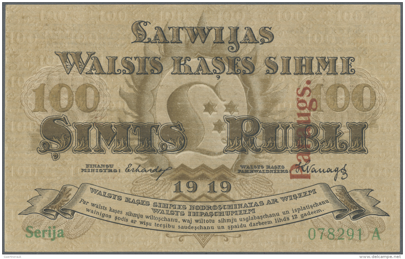 Latvia /Lettland: Rare SPECIMEN Note Of 100 Rubli 1919 P. 7s, Series "A", Sign. Erhards, With 2 Red Vertical PARAUGS Ove - Lettonie
