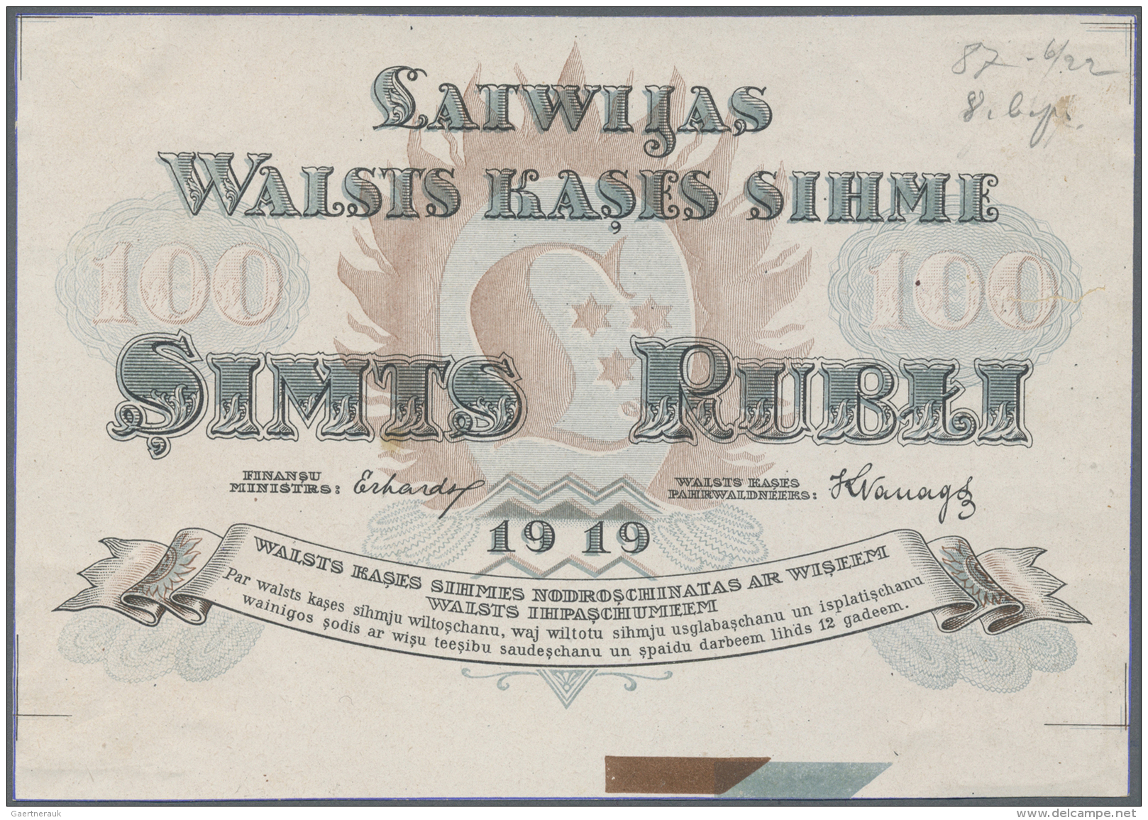 Latvia /Lettland: Rare Uniface Front PROOF Print Of 100 Rubli 1919 P. 7p, W/o Serial, Sign. Erhards, Brown/blue Print On - Lettonia