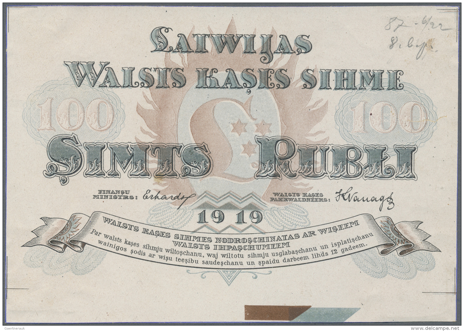 Latvia /Lettland: Rare Uniface Front PROOF Print Of 100 Rubli 1919 P. 7p, W/o Serial, Sign. Erhards, Brown/blue Print On - Latvia