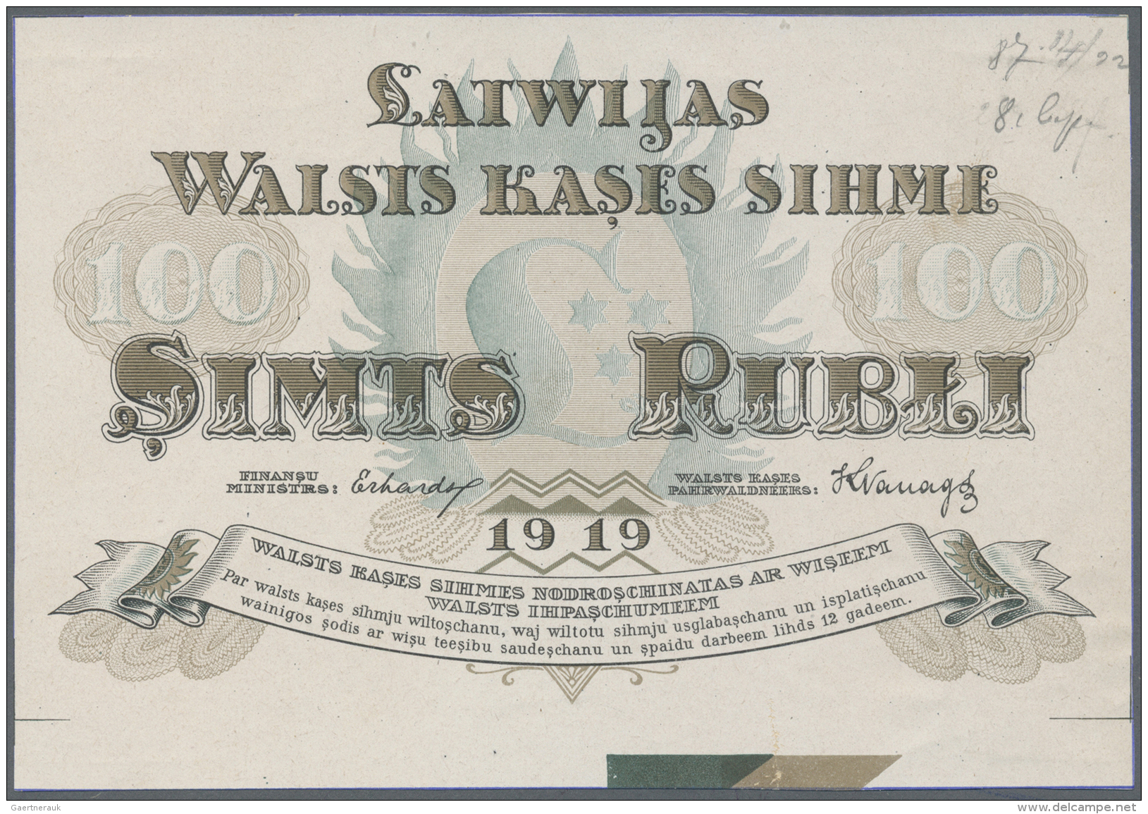 Latvia /Lettland: Rare Uniface Front PROOF Print Of 100 Rubli 1919 P. 7p, W/o Serial, Sign. Erhards, Blue/brown Print On - Latvia