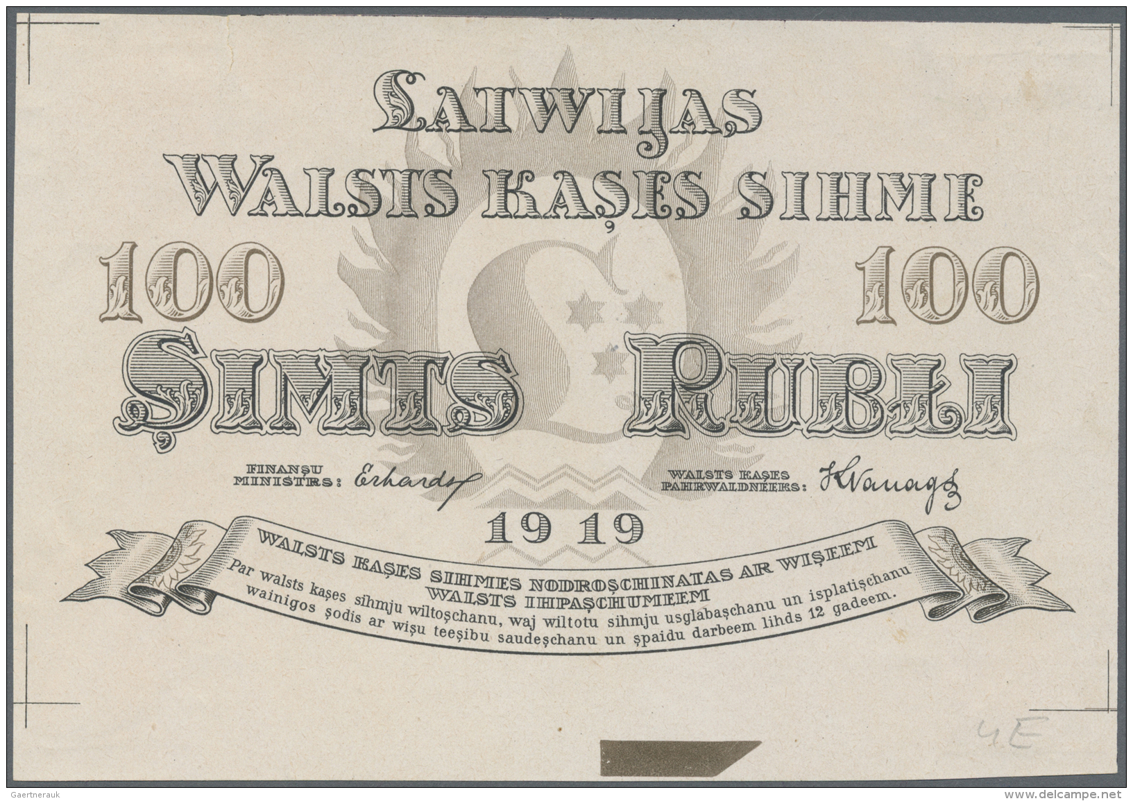 Latvia /Lettland: Rare Uniface Front PROOF Print Of 100 Rubli 1919 P. 7p, W/o Serial, Sign. Erhards, Black/brown Print O - Lettonia