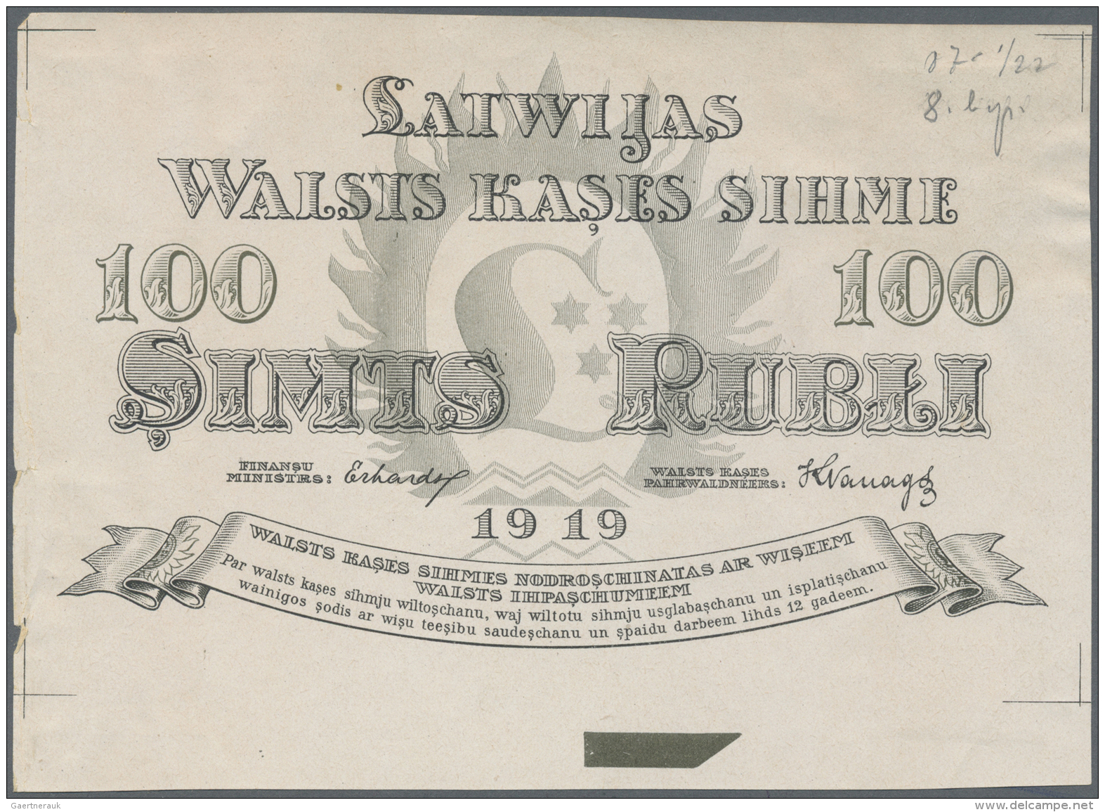 Latvia /Lettland: Rare Uniface Front PROOF Print Of 100 Rubli 1919 P. 7p, W/o Serial, Sign. Erhards, Black &amp; Dark Gr - Lettonie