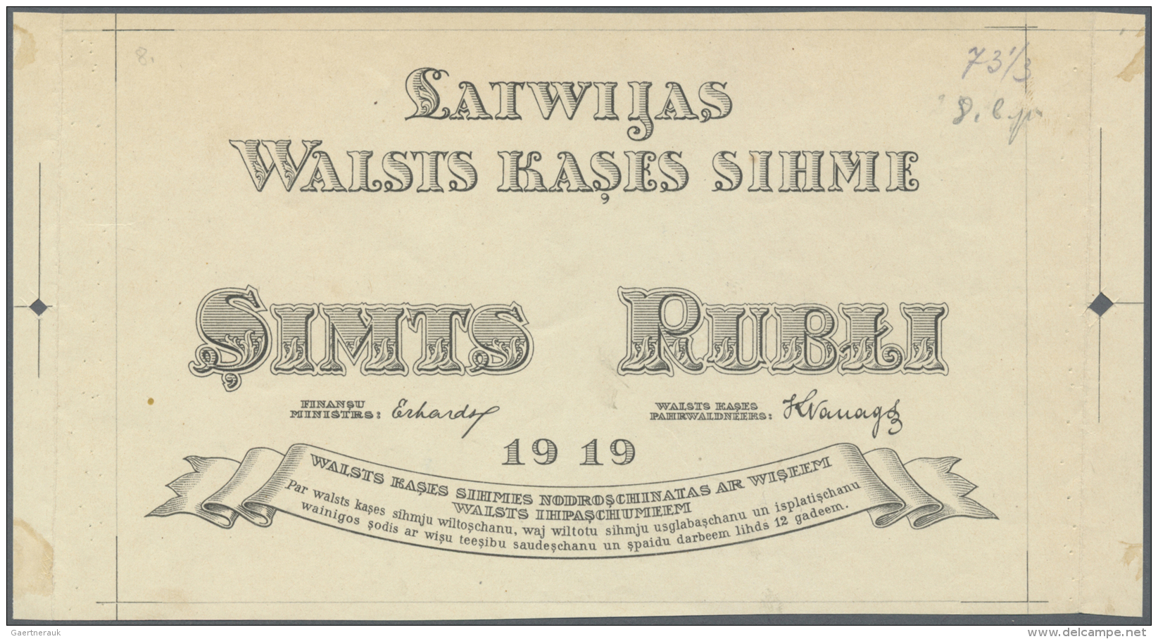 Latvia /Lettland: Rare Uniface Front PROOF Print Of 100 Rubli 1919 P. 7p, W/o Serial, Sign. Erhards, Black Print On Whit - Lettonia