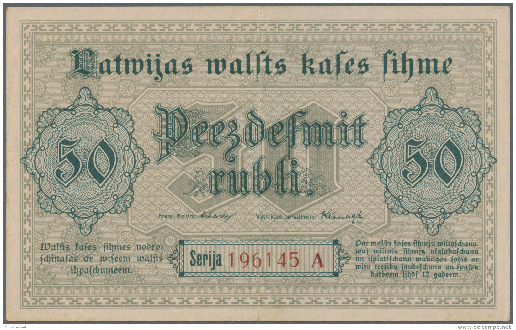Latvia /Lettland: 50 Rubli 1919 P. 6, Series "A", Sign. Erhards, Center Fold And Handling In Paper, No Holes Or Tears, O - Lettonia