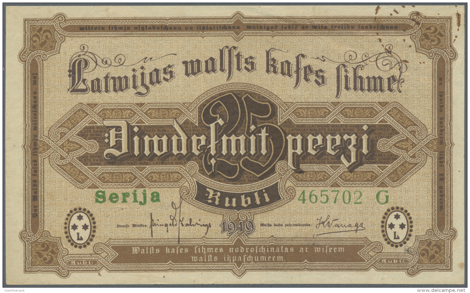 Latvia /Lettland: 25 Rubli 1919 P. 5g, Series "G", Sign. Kalnings, Never Horizongally Or Vertically Folded But Corner Fo - Lettonia