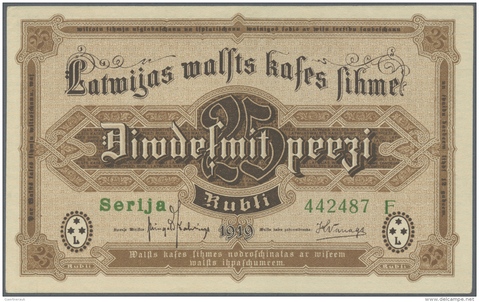 Latvia /Lettland: 25 Rubli 1919 P. 5g, Series "F", Sign. Kalnings, Never Folded Only Very Very Light Handling In Paper, - Lettonia