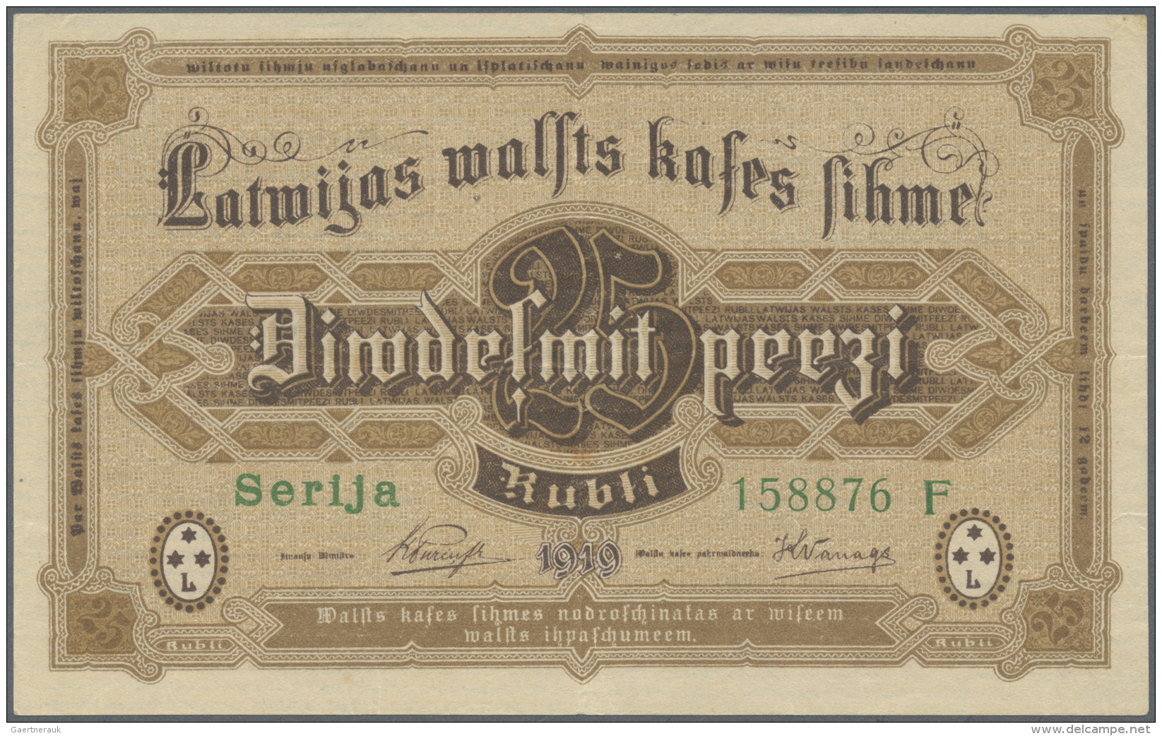 Latvia /Lettland: 25 Rubli 1919 P. 5f, Series F, Sign. Purins, With Center Fold, Light Horizontal Fold And Light Dints A - Lettonie