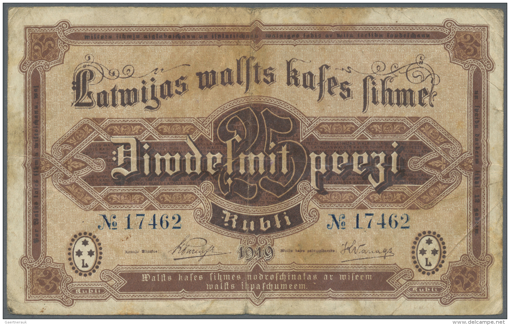 Latvia /Lettland: 25 Rubli 1919 P. 5b, Sign. Purins, Rare With Blue Colored Serial Numbers, Only 34000 Notes Of This Typ - Lettonie