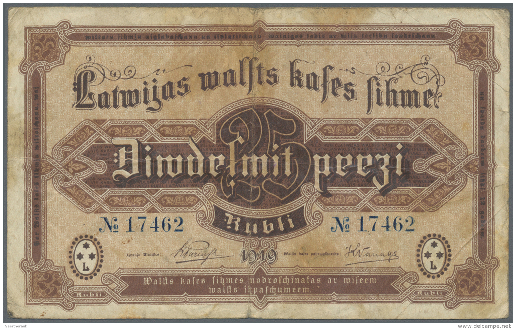 Latvia /Lettland: 25 Rubli 1919 P. 5b, Sign. Purins, Rare With Blue Colored Serial Numbers, Only 34000 Notes Of This Typ - Latvia