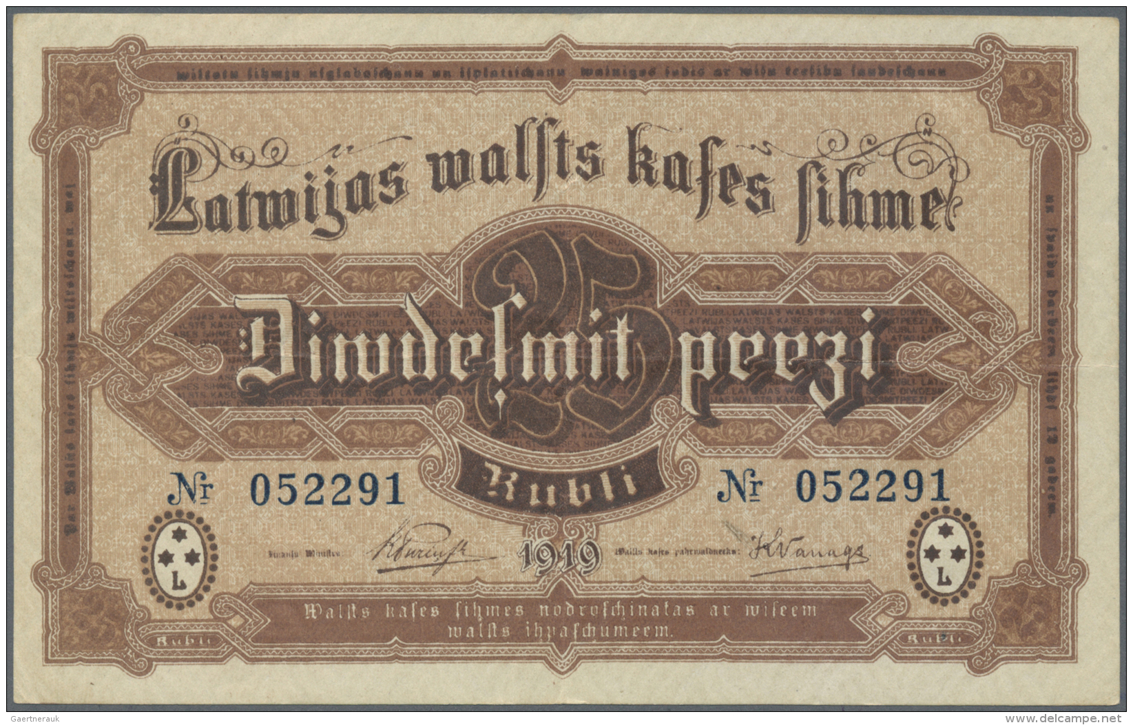 Latvia /Lettland: 25 Rubli 1919 P. 5a(f), Sign. Purins, Unique Because It Is The Only Known Note With "Nr" Instead Of "N - Lettonie