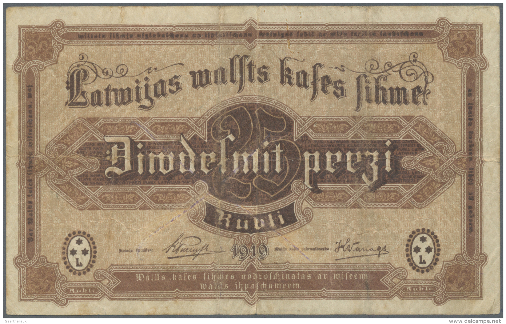 Latvia /Lettland: Rare PROOF Print Of 25 Rubli 1919 P. 5a-f(p), Without Serial Number, Sign. Purins, Used With Several F - Lettonie