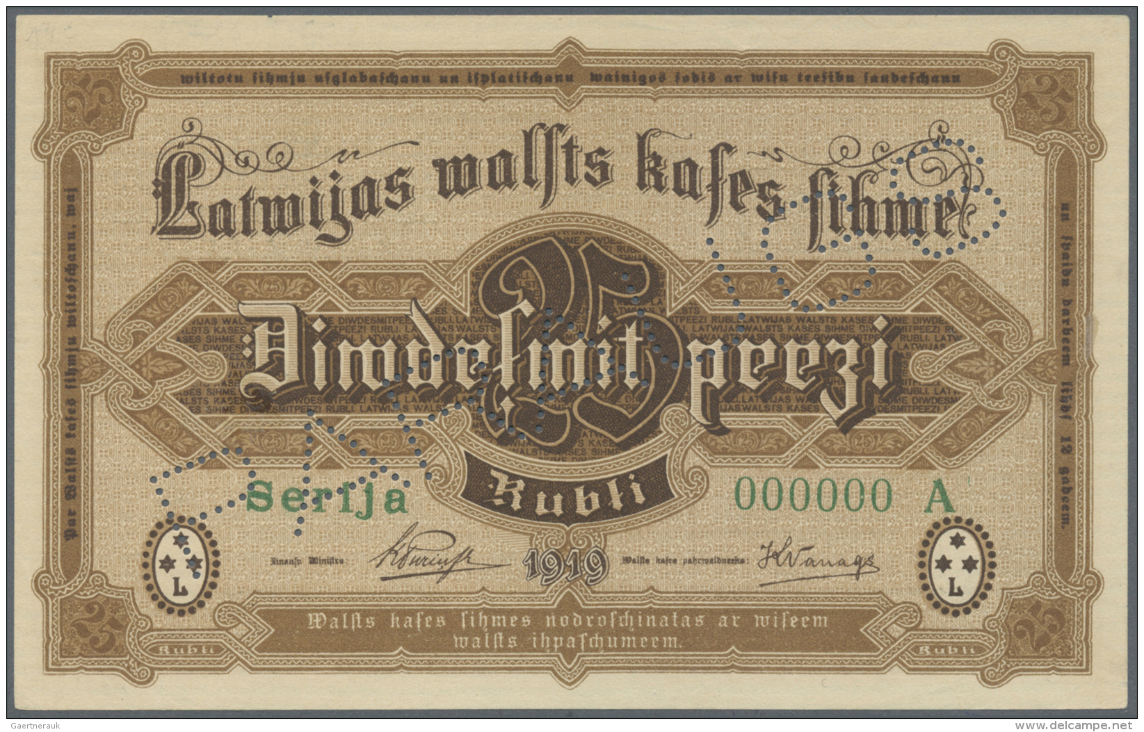 Latvia /Lettland: 25 Rubli 1919 Specimen P. 5as, Series A, Zero Serial Numbers, PARAUGS Perforation At Center, Unfolded, - Lettonie